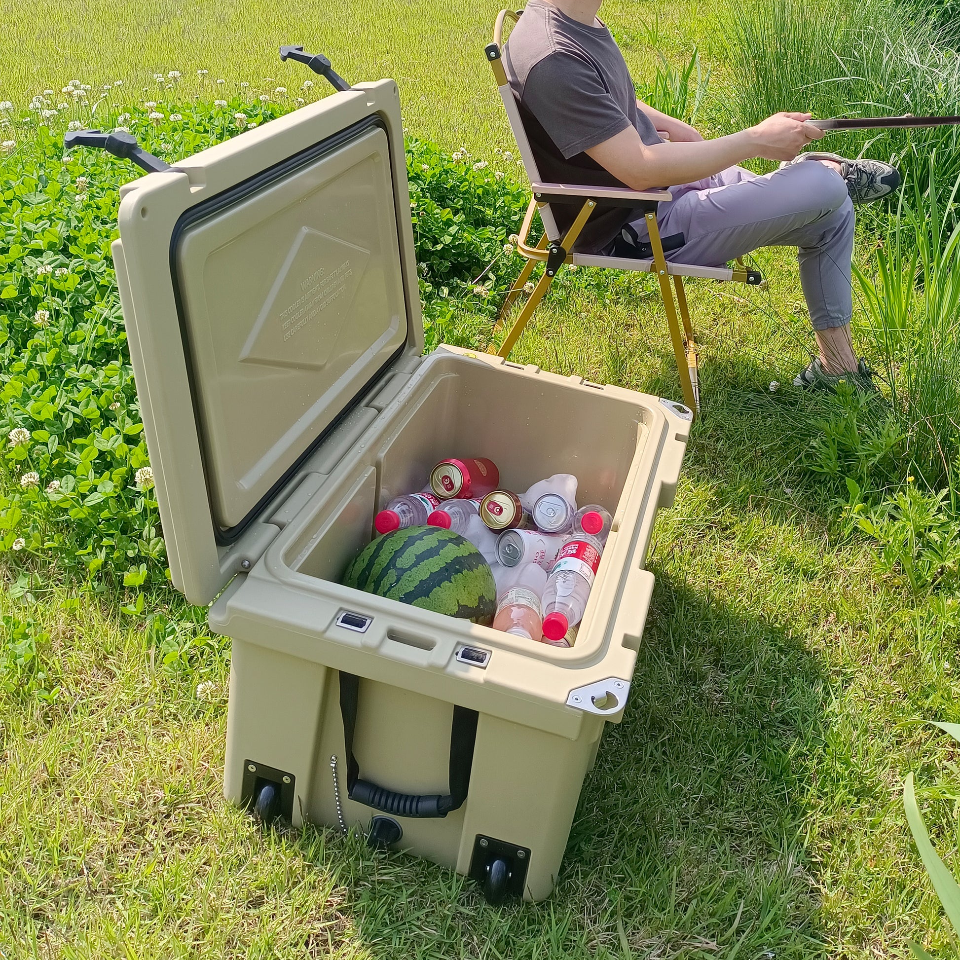 Khaki Color Ice Cooler Box 65Qt Camping Ice Chest Beer Box Outdoor Fishing Cooler Khaki Abs Plastic