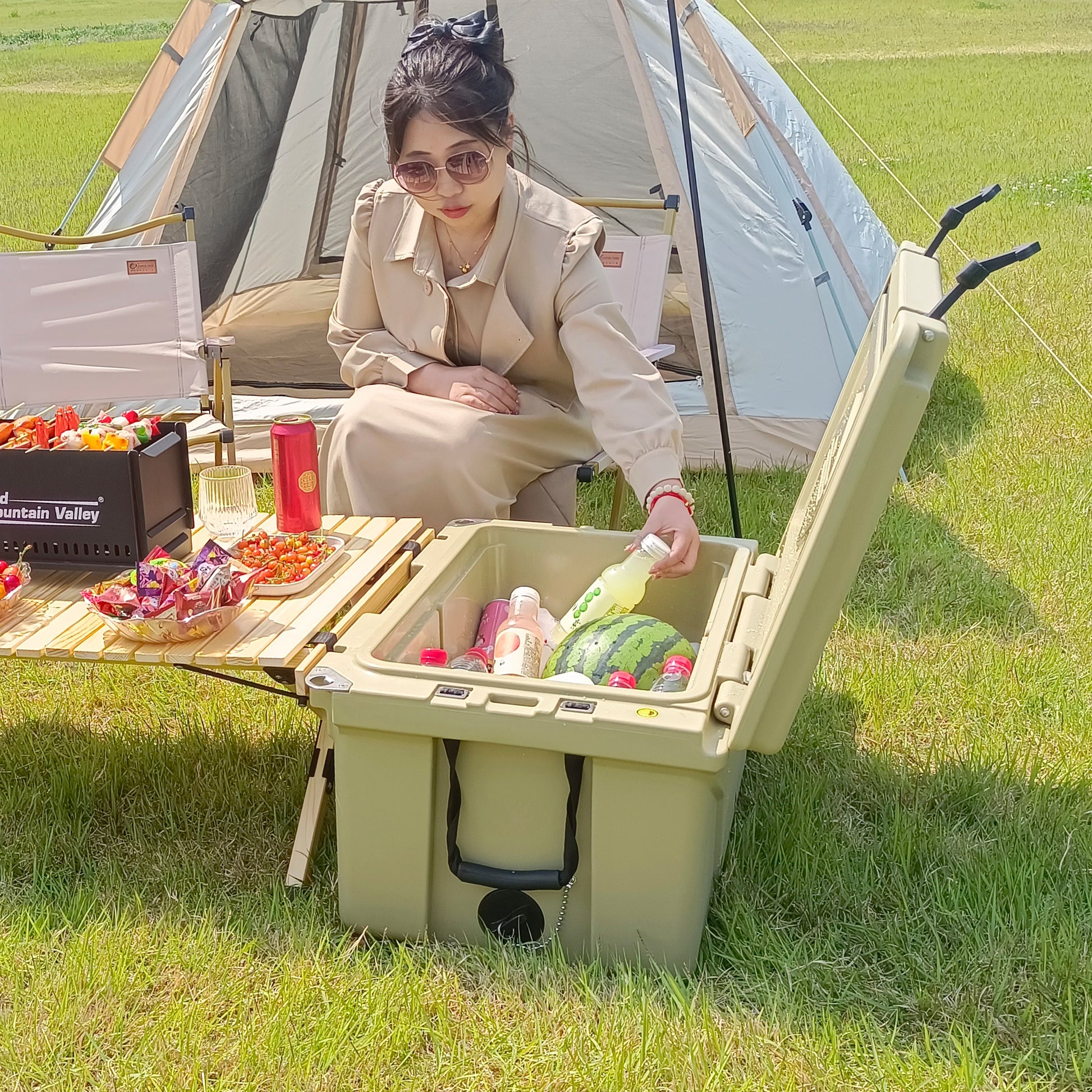 Khaki Color Ice Cooler Box 65Qt Camping Ice Chest Beer Box Outdoor Fishing Cooler Khaki Abs Plastic