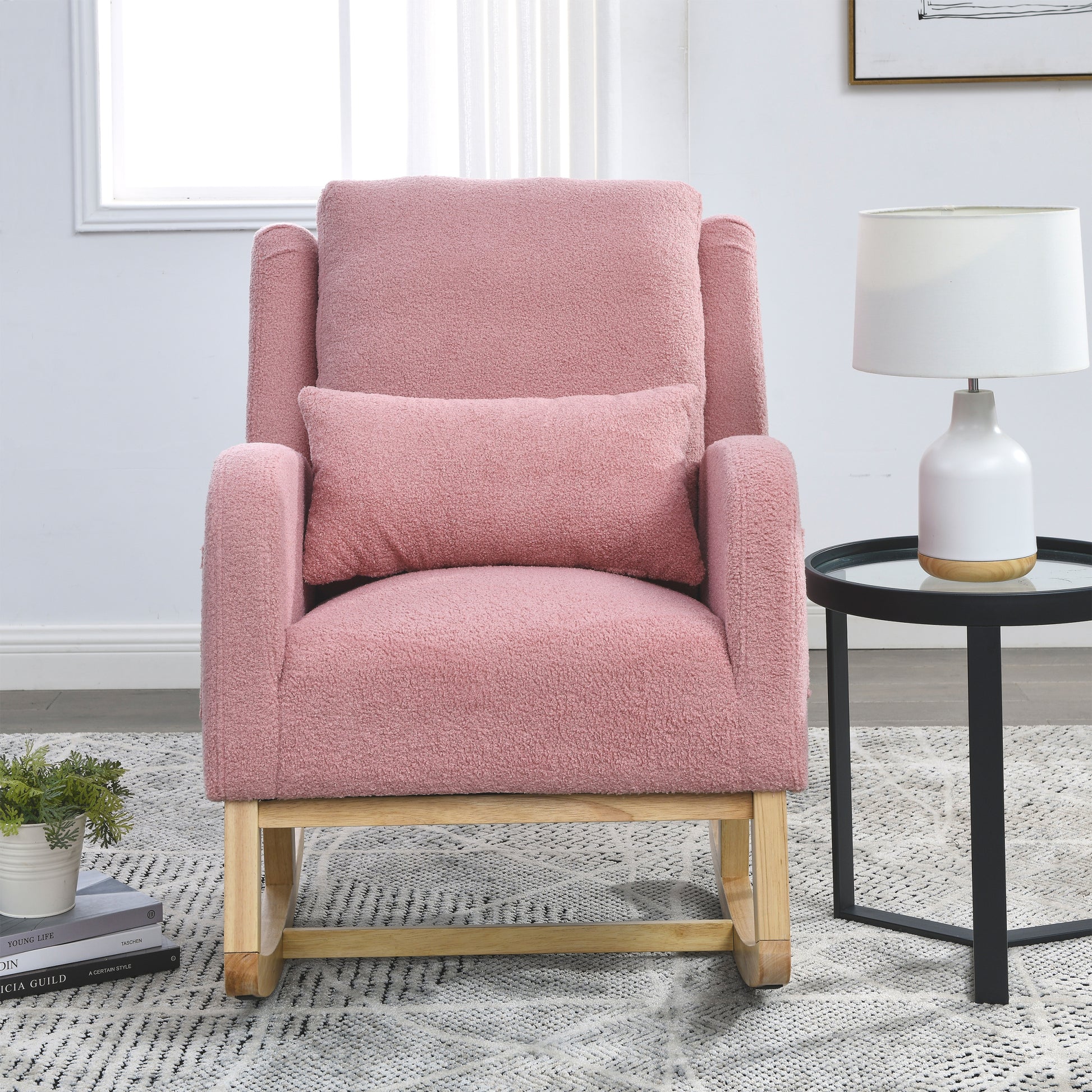 Video Welike 27.5 "W Modern Accent High Back Living Room Casual Armchair Rocker With One Lumbar Pillow, Two Side Pockets,Teddy. Pink Teddy Foam Fabric