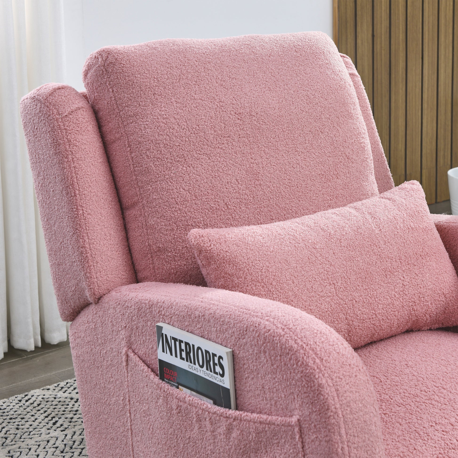 Video Welike 27.5 "W Modern Accent High Back Living Room Casual Armchair Rocker With One Lumbar Pillow, Two Side Pockets,Teddy. Pink Teddy Foam Fabric