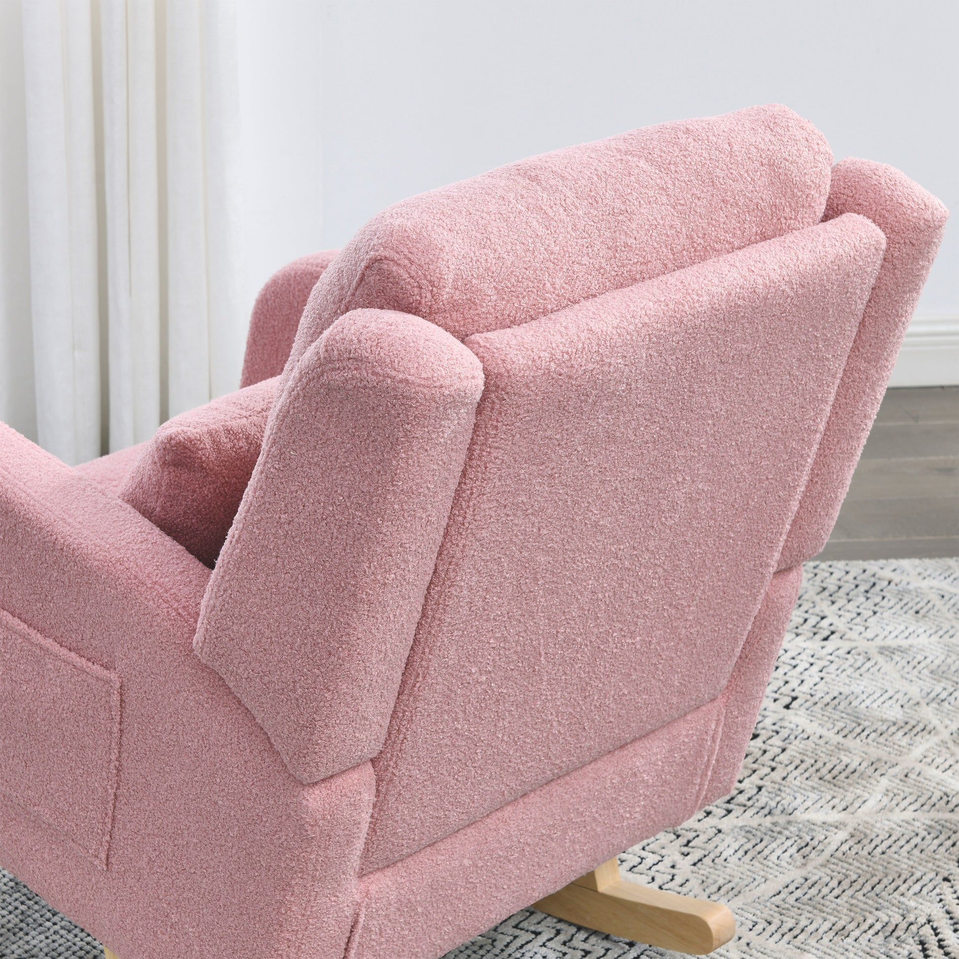 Video Welike 27.5 "W Modern Accent High Back Living Room Casual Armchair Rocker With One Lumbar Pillow, Two Side Pockets,Teddy. Pink Teddy Foam Fabric