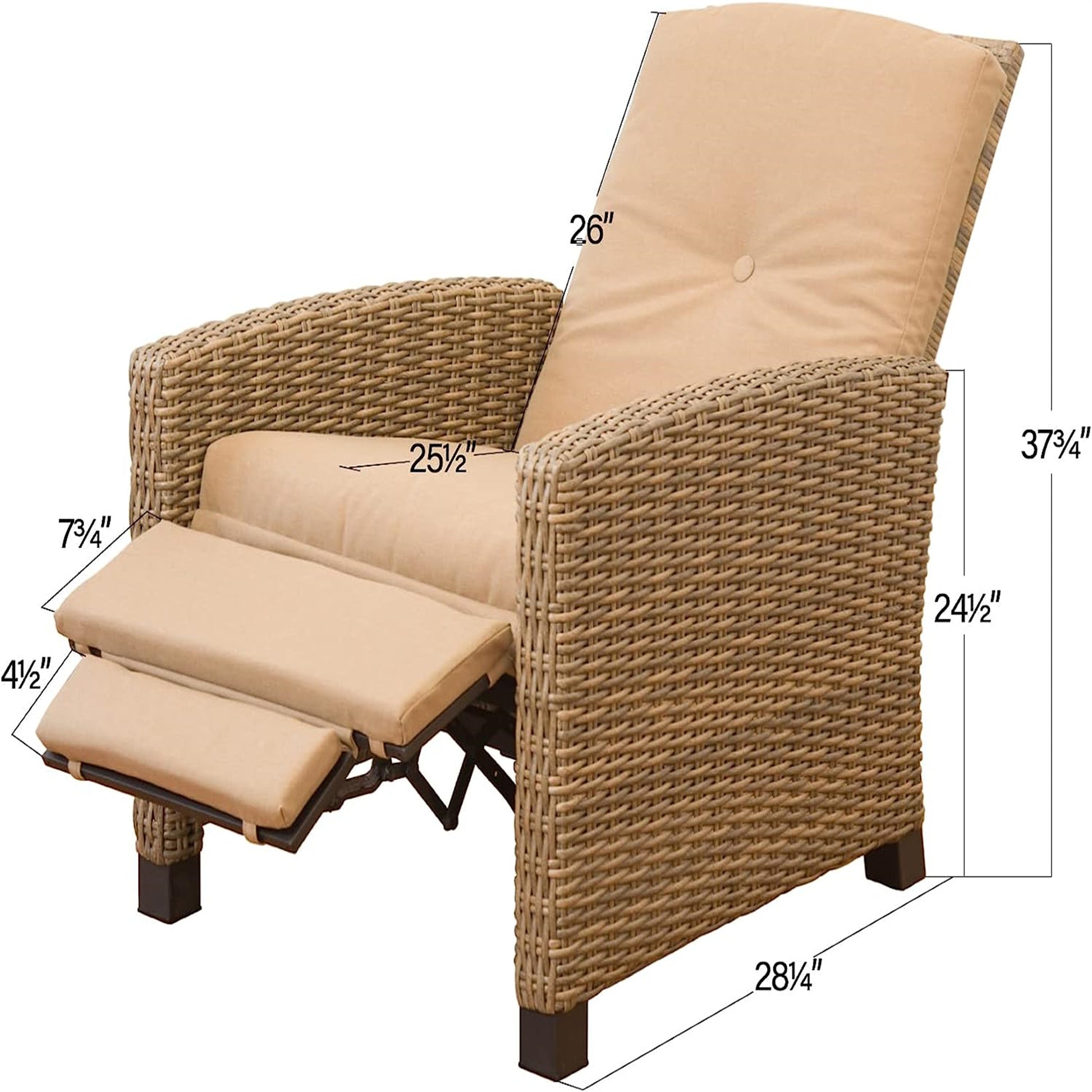 Indoor & Outdoor Recliner, All Weather Wicker Reclining Patio Chair, Khaki Cushion Khaki,1 Chair Khaki Rattan