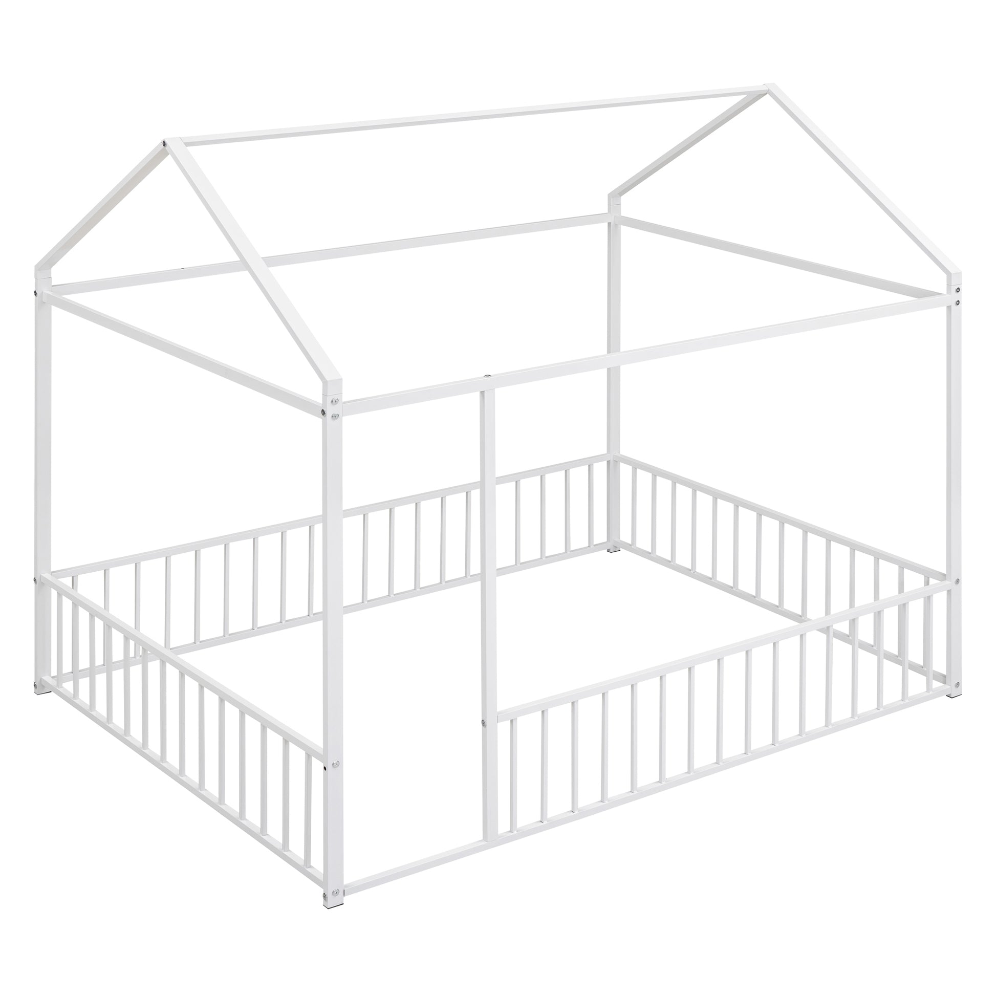 Full Size Metal Bed House Bed Frame With Fence, For Kids, Teens, Girls, Boys,White White Metal