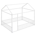 Full Size Metal Bed House Bed Frame With Fence, For Kids, Teens, Girls, Boys,White White Metal