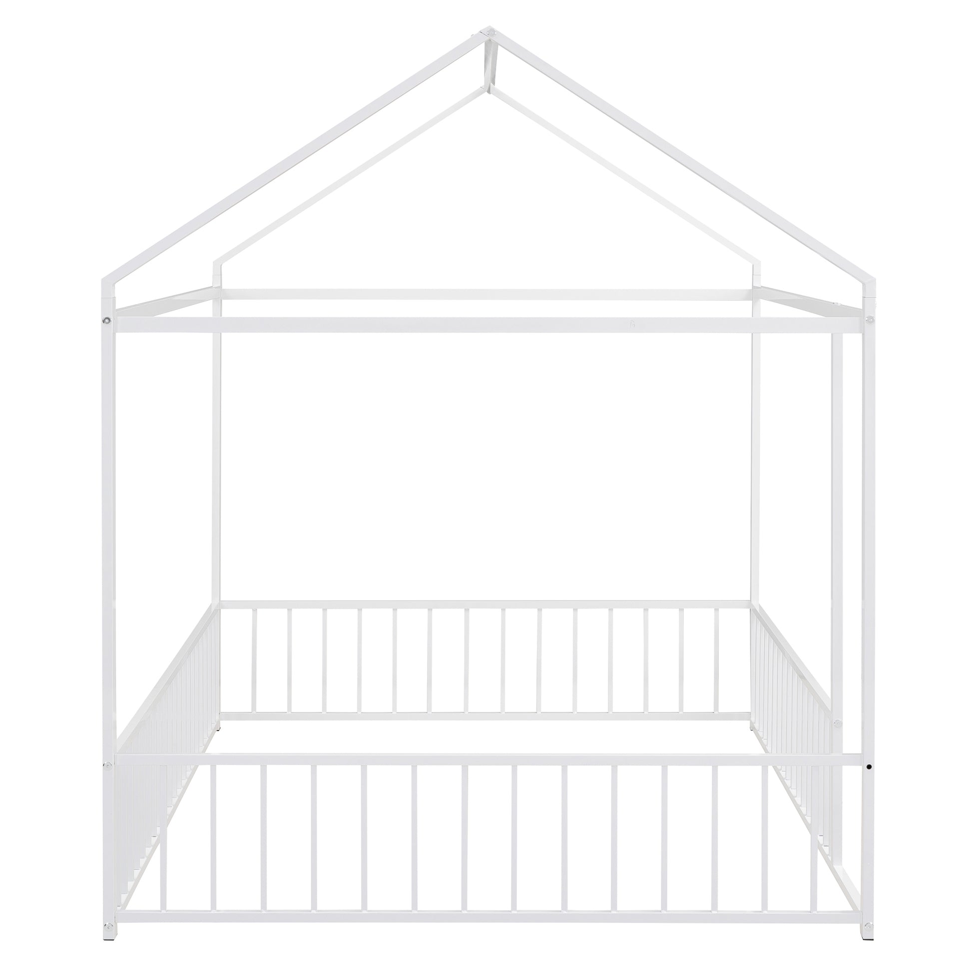 Full Size Metal Bed House Bed Frame With Fence, For Kids, Teens, Girls, Boys,White White Metal