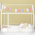 Full Size Metal Bed House Bed Frame With Fence, For Kids, Teens, Girls, Boys,White White Metal