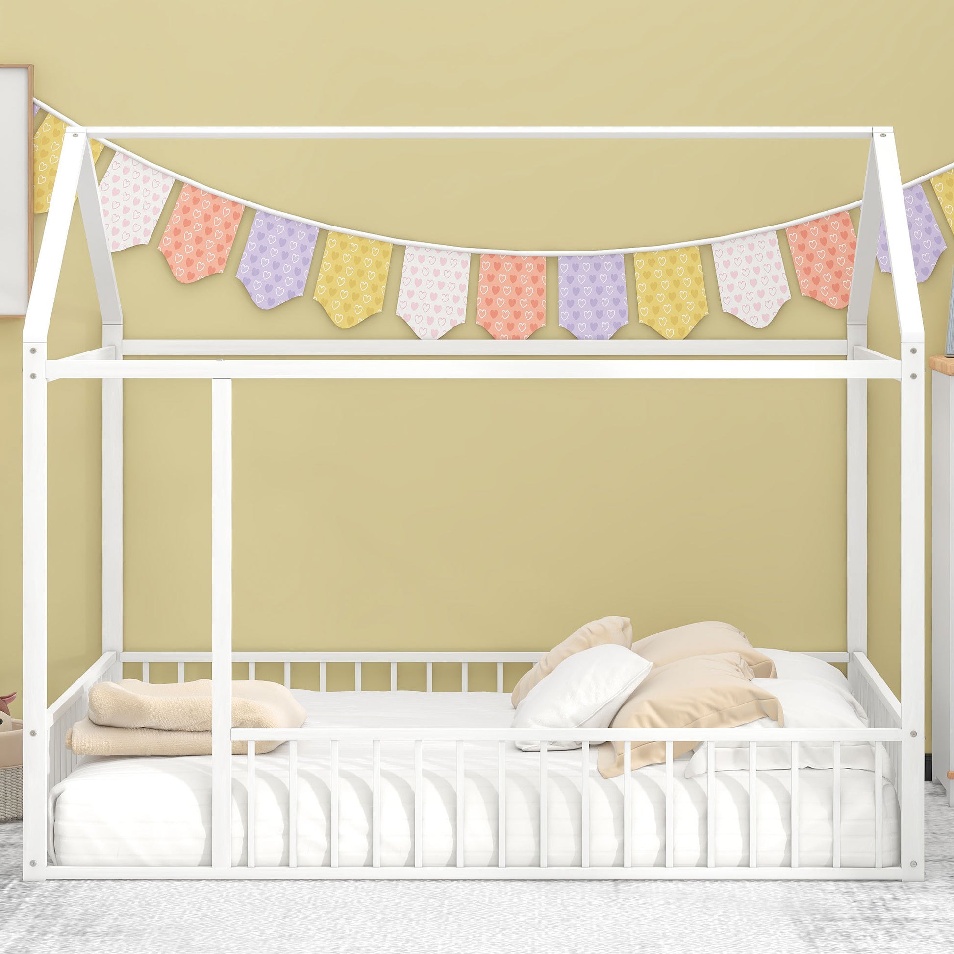 Full Size Metal Bed House Bed Frame With Fence, For Kids, Teens, Girls, Boys,White White Metal