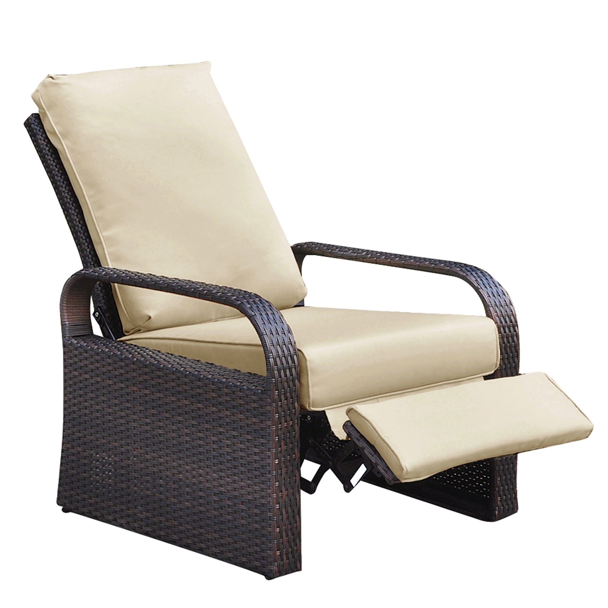 Outdoor Recliner, Automatic Adjustable Wicker Lounge Recliner Chair With Comfy Thicken Cushion, All Weather Aluminum Frame, Brown Wicker Khaki Cushion Yes Lounge Khaki Rust Resistant Frame Fade Resistant Cushion Garden & Outdoor Classic Complete Patio
