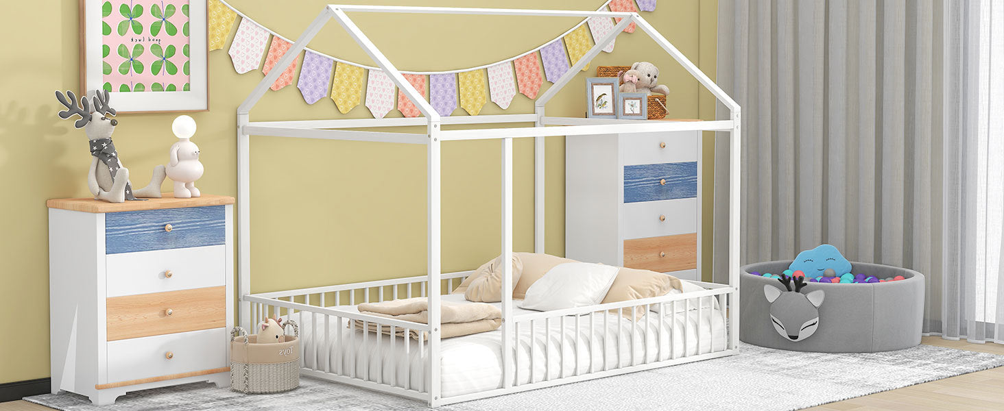 Full Size Metal Bed House Bed Frame With Fence, For Kids, Teens, Girls, Boys,White White Metal