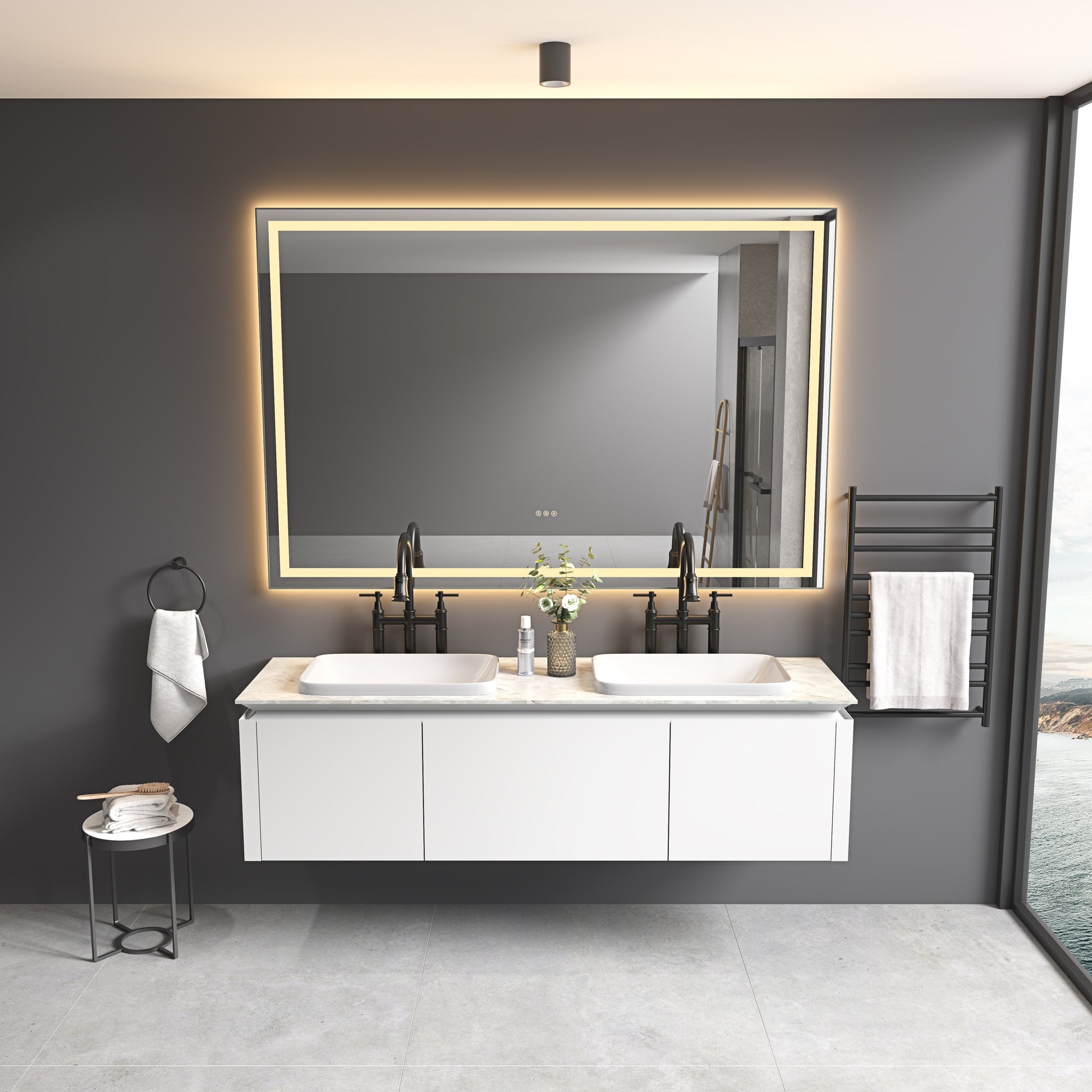 84In. W X 48In. H Oversized Rectangular Black Framed Led Mirror Anti Fog Dimmable Wall Mount Bathroom Vanity Mirror Hd Wall Mirror Kit For Gym And Dance Studio 48X 84Inches With Safety Ba Matte Black Aluminium