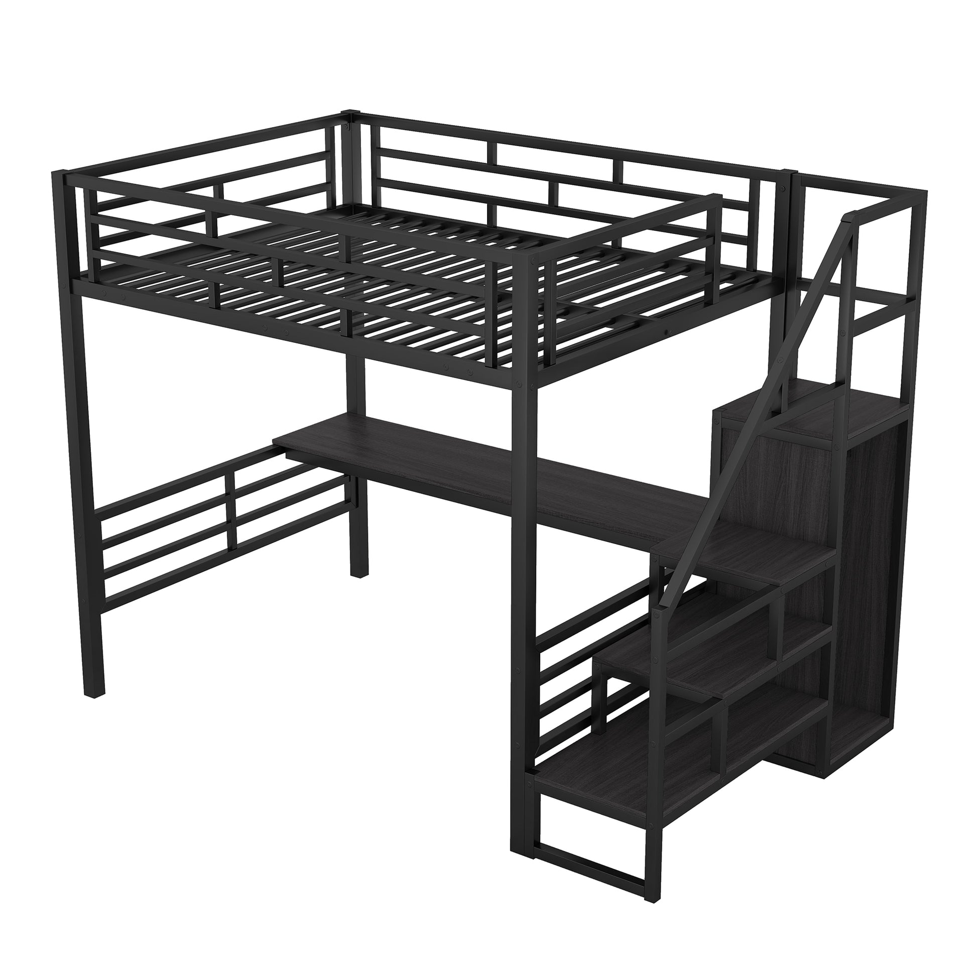 Full Size Metal Loft Bed With Desk, Storage Staircase And Small Wardrobe, Storage Stairs Can Be Installed Left And Right,Black Full Black Metal