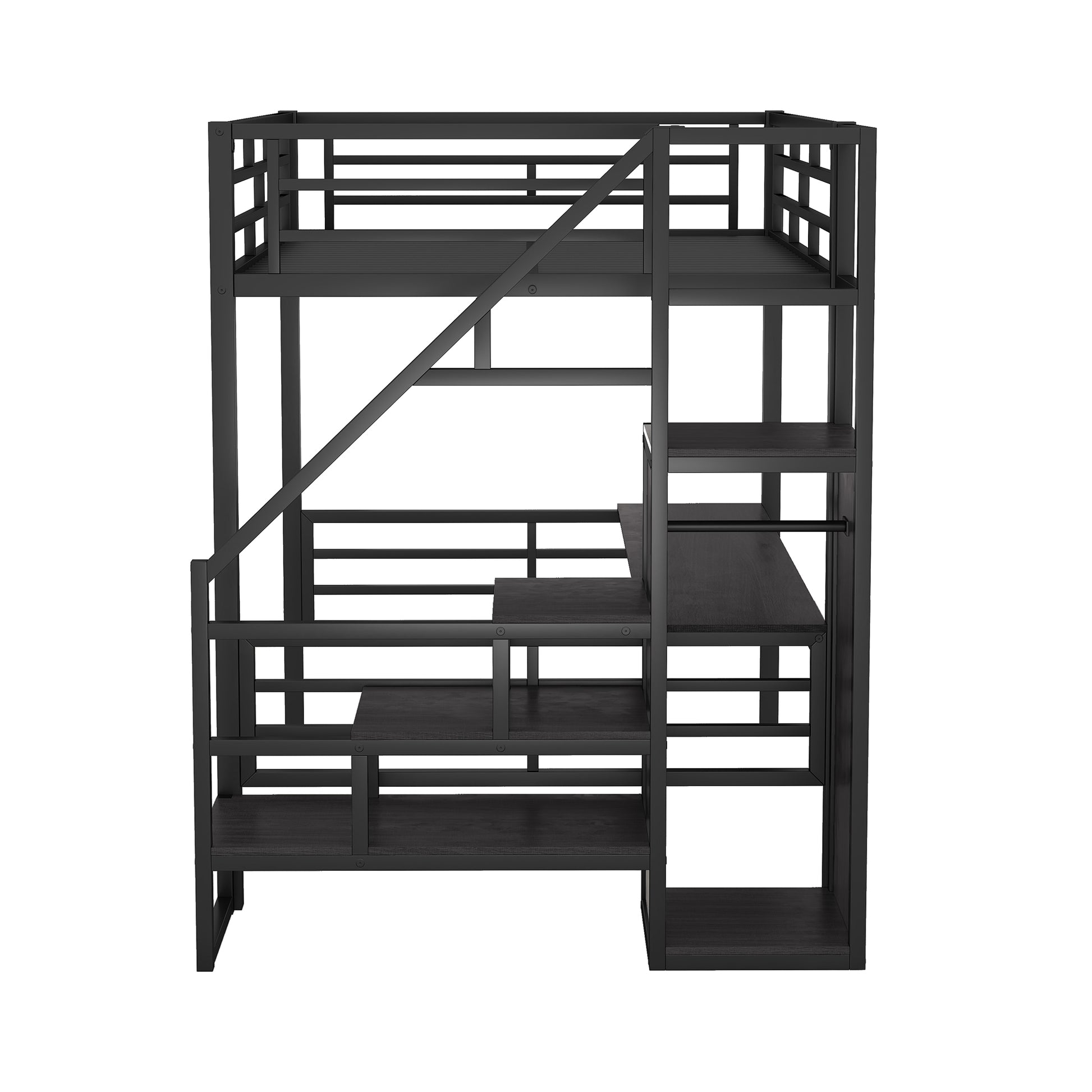 Full Size Metal Loft Bed With Desk, Storage Staircase And Small Wardrobe, Storage Stairs Can Be Installed Left And Right,Black Full Black Metal