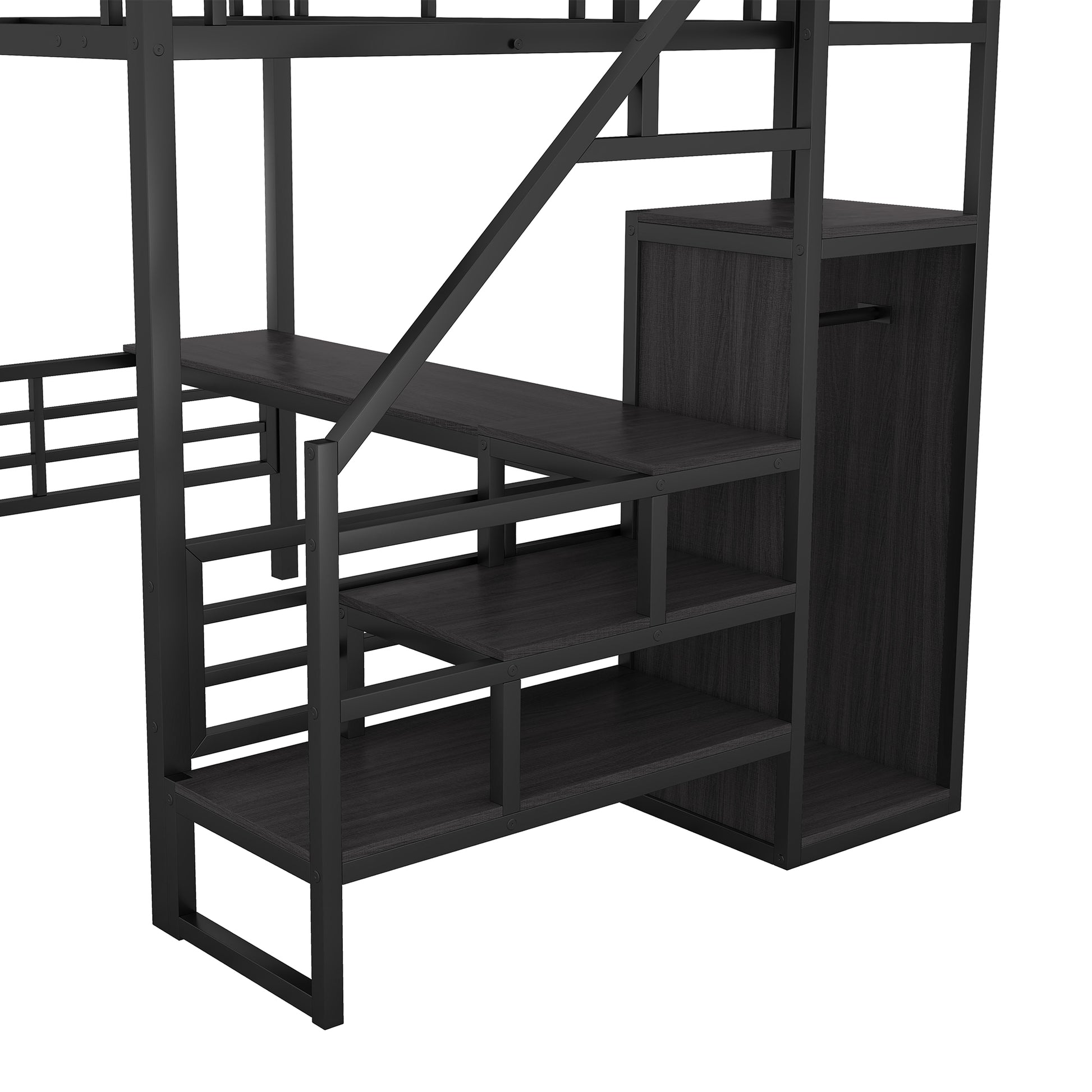 Full Size Metal Loft Bed With Desk, Storage Staircase And Small Wardrobe, Storage Stairs Can Be Installed Left And Right,Black Full Black Metal