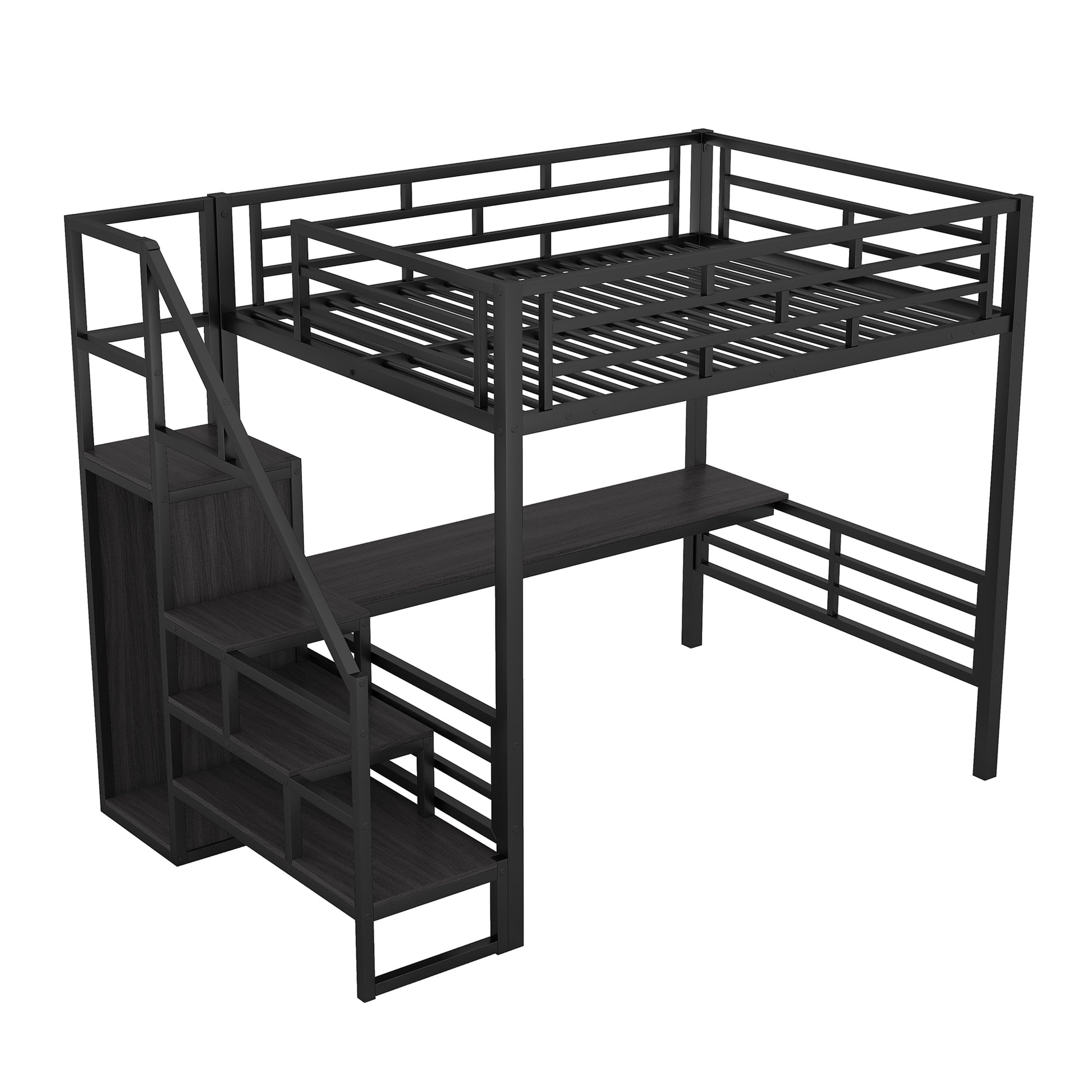 Full Size Metal Loft Bed With Desk, Storage Staircase And Small Wardrobe, Storage Stairs Can Be Installed Left And Right,Black Full Black Metal