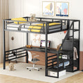 Full Size Metal Loft Bed With Desk, Storage Staircase And Small Wardrobe, Storage Stairs Can Be Installed Left And Right,Black Full Black Metal