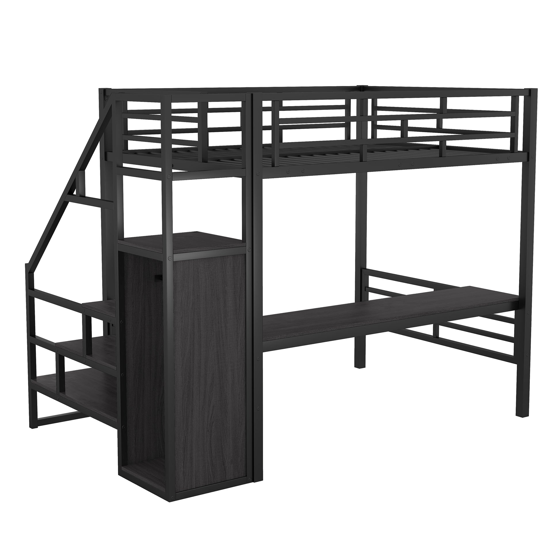 Full Size Metal Loft Bed With Desk, Storage Staircase And Small Wardrobe, Storage Stairs Can Be Installed Left And Right,Black Full Black Metal