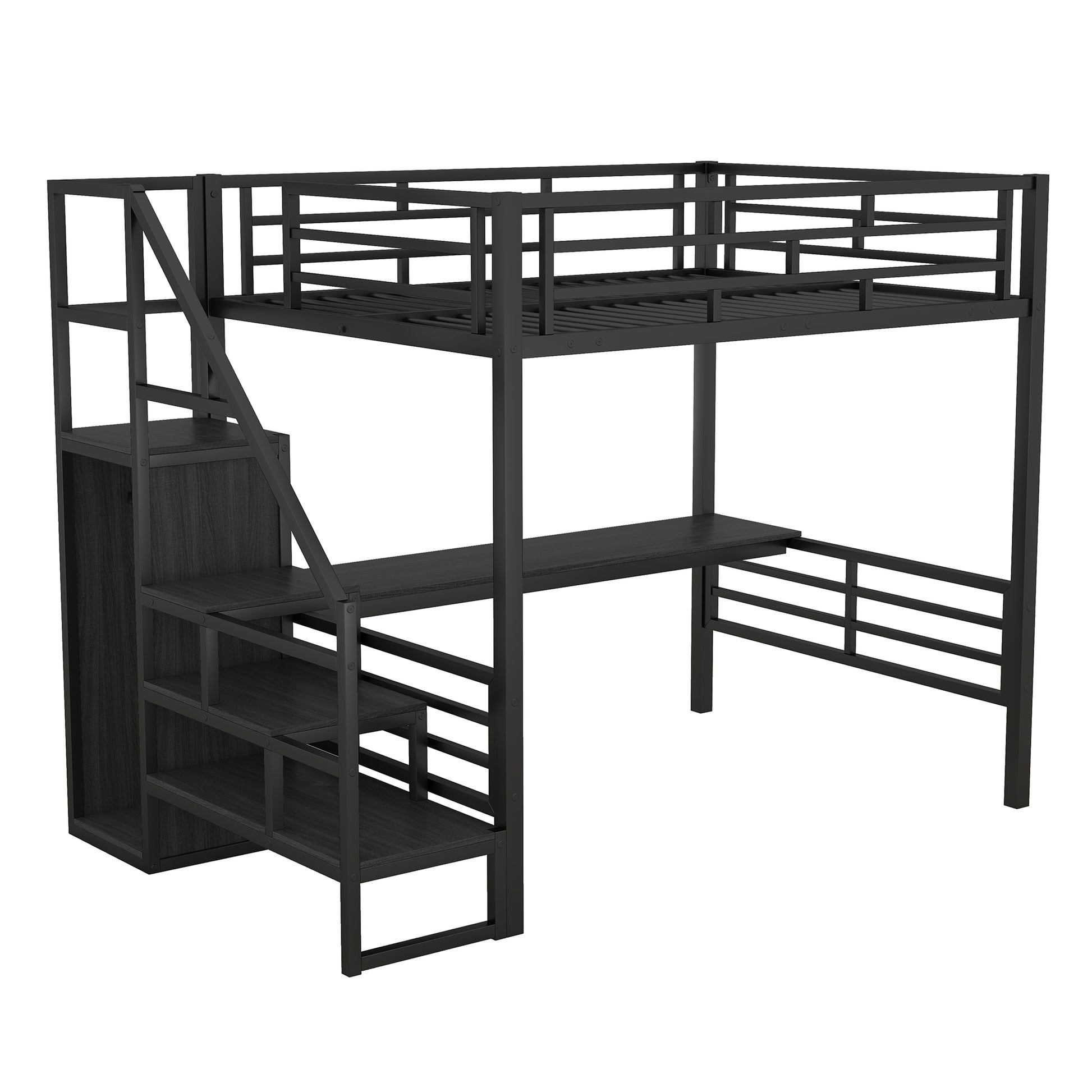 Full Size Metal Loft Bed With Desk, Storage Staircase And Small Wardrobe, Storage Stairs Can Be Installed Left And Right,Black Full Black Metal