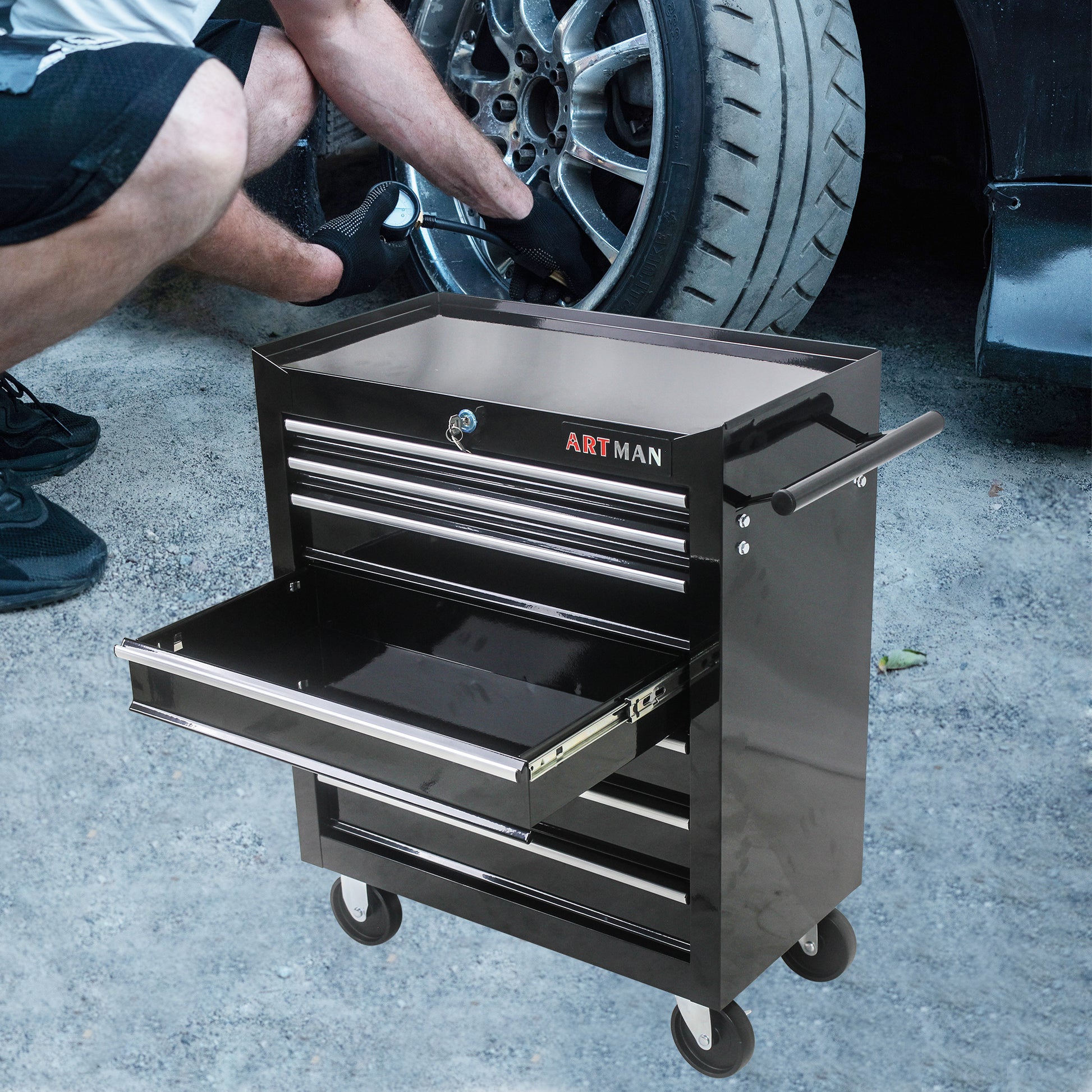 7 Drawers Multifunctional Tool Cart With Wheels Black Black Steel
