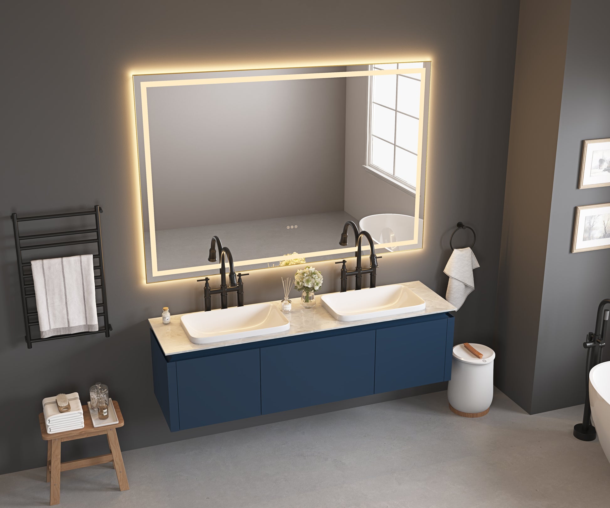 84In. W X 48In. H Oversized Rectangular Black Framed Led Mirror Anti Fog Dimmable Wall Mount Bathroom Vanity Mirror Hd Wall Mirror Kit For Gym And Dance Studio 48X 84Inches With Safety Ba Matte Black Aluminium