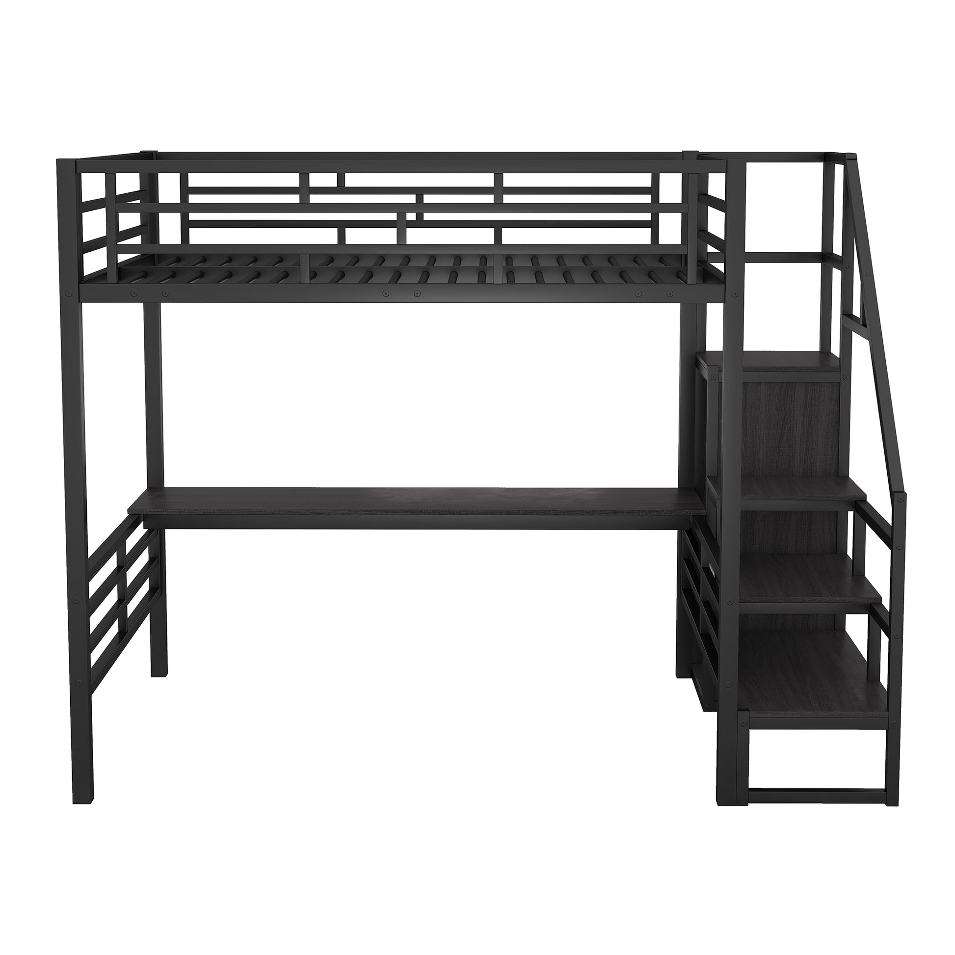 Full Size Metal Loft Bed With Desk, Storage Staircase And Small Wardrobe, Storage Stairs Can Be Installed Left And Right,Black Full Black Metal