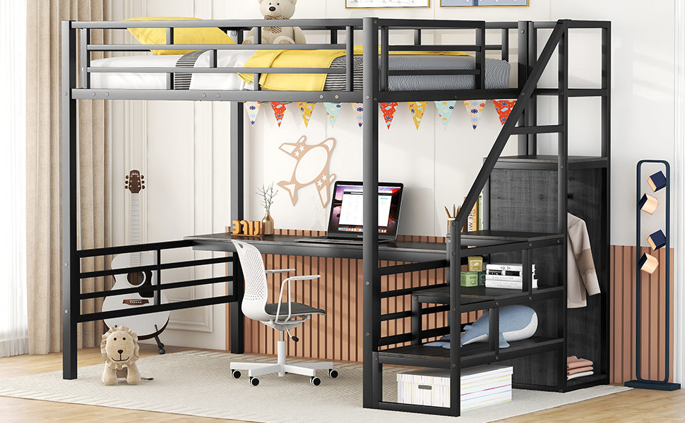 Full Size Metal Loft Bed With Desk, Storage Staircase And Small Wardrobe, Storage Stairs Can Be Installed Left And Right,Black Full Black Metal