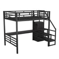 Full Size Metal Loft Bed With Desk, Storage Staircase And Small Wardrobe, Storage Stairs Can Be Installed Left And Right,Black Full Black Metal