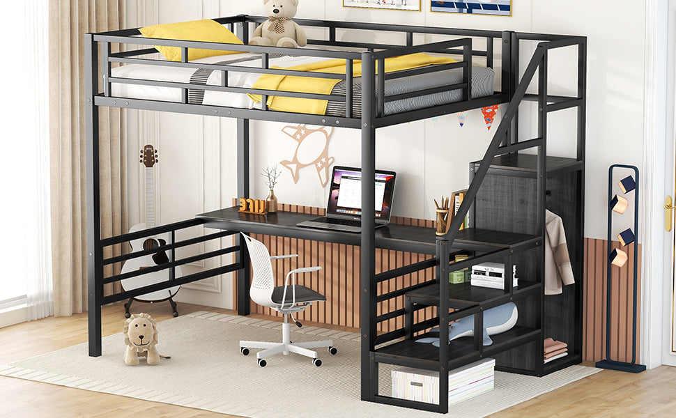 Full Size Metal Loft Bed With Desk, Storage Staircase And Small Wardrobe, Storage Stairs Can Be Installed Left And Right,Black Full Black Metal