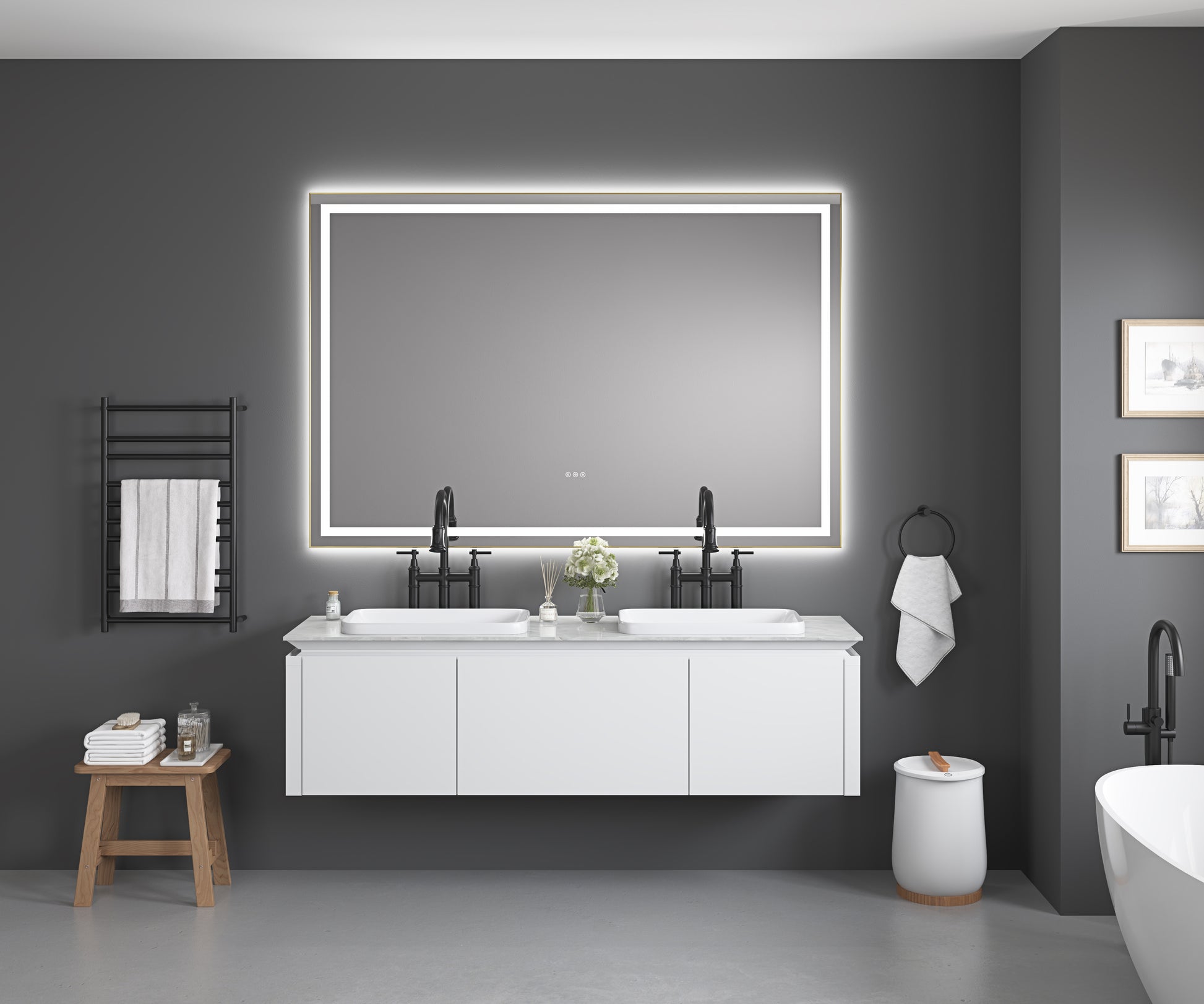 72In. W X 48In. H Oversized Rectangular Black Framed Led Mirror Anti Fog Dimmable Wall Mount Bathroom Vanity Mirror Hd Wall Mirror Kit For Gym And Dance Studio 48X 72Inches With Safety Ba Gold Aluminium