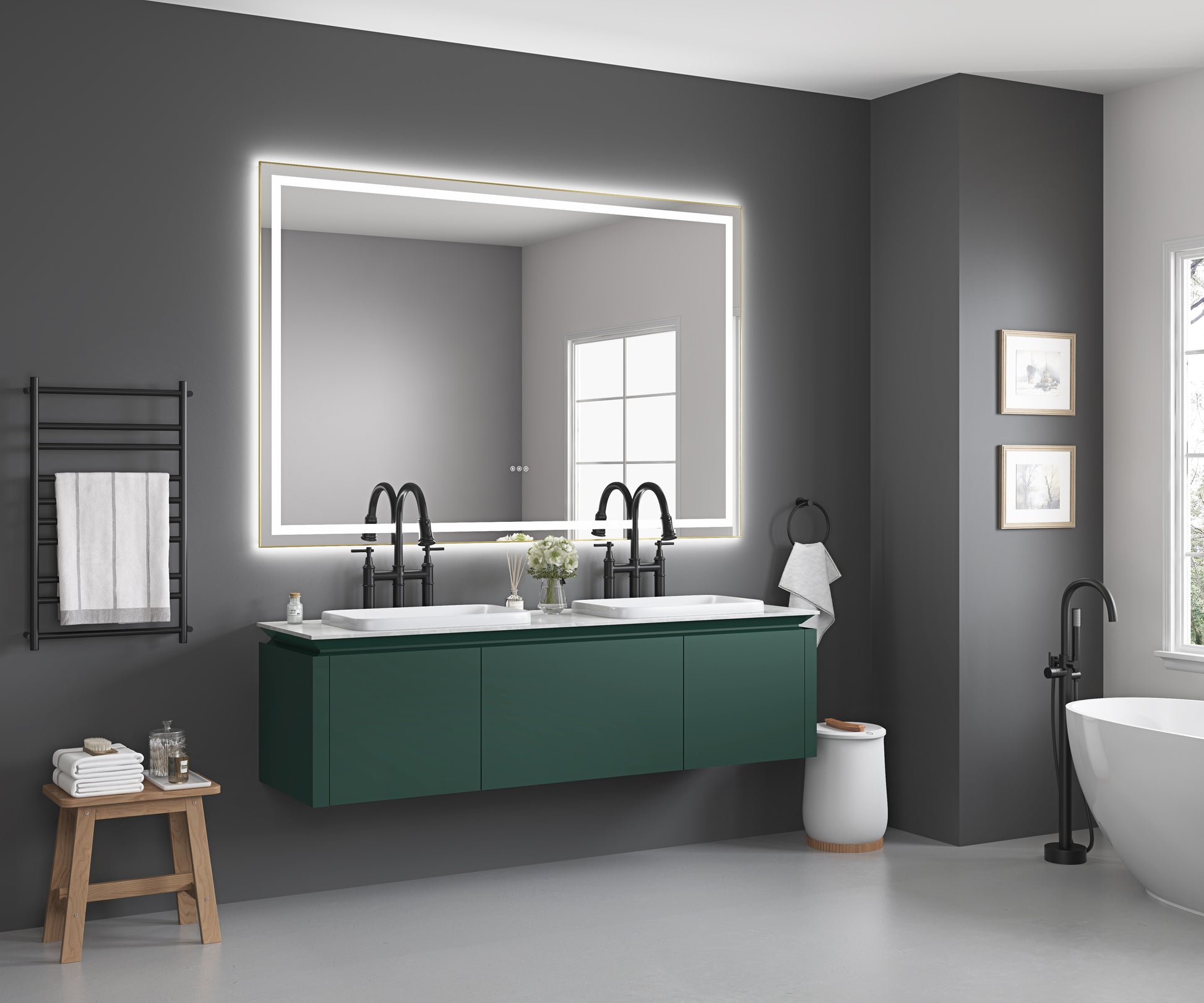 72In. W X 48In. H Oversized Rectangular Black Framed Led Mirror Anti Fog Dimmable Wall Mount Bathroom Vanity Mirror Hd Wall Mirror Kit For Gym And Dance Studio 48X 72Inches With Safety Ba Gold Aluminium