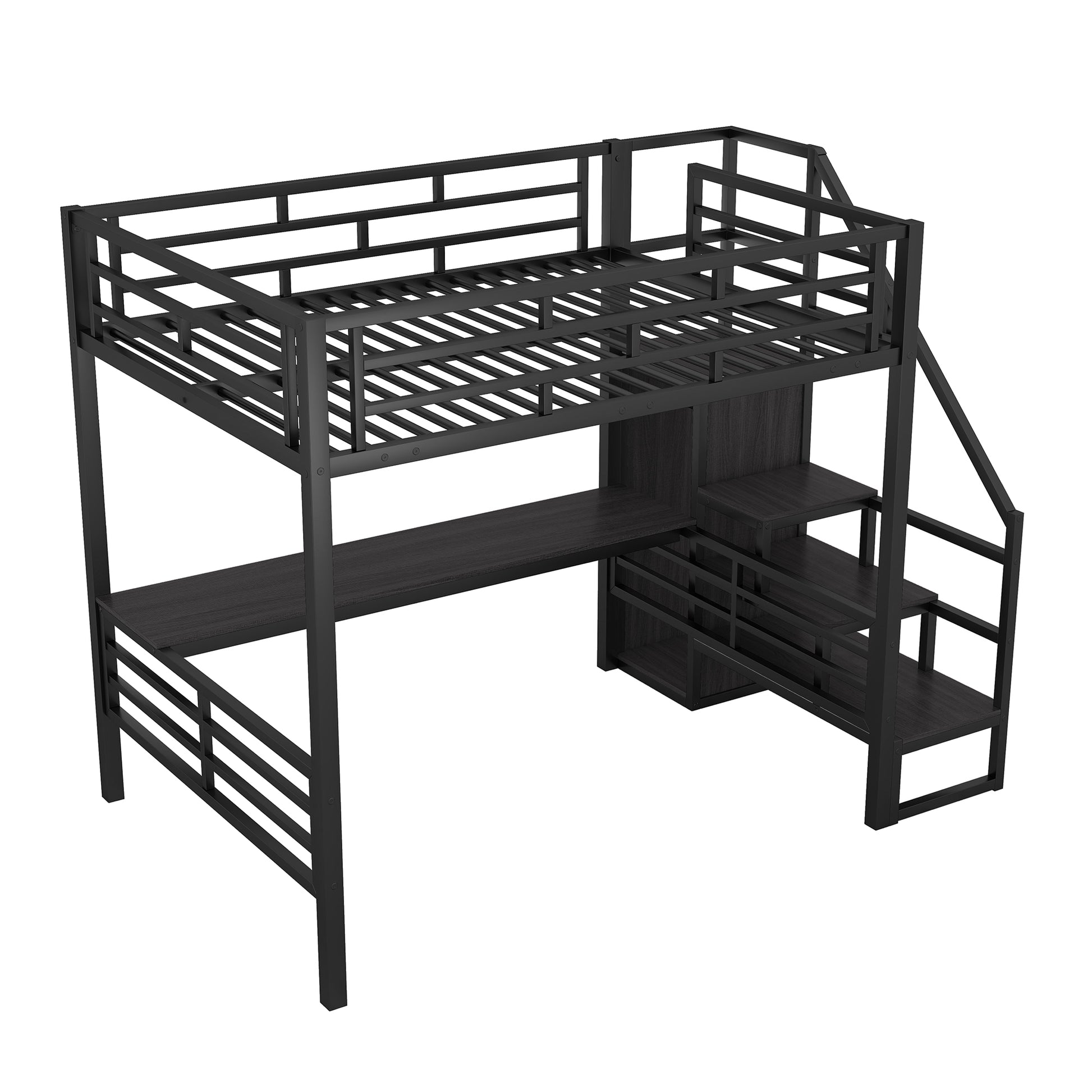 Full Size Metal Loft Bed With Desk, Storage Staircase And Small Wardrobe, Storage Stairs Can Be Installed Left And Right,Black Full Black Metal