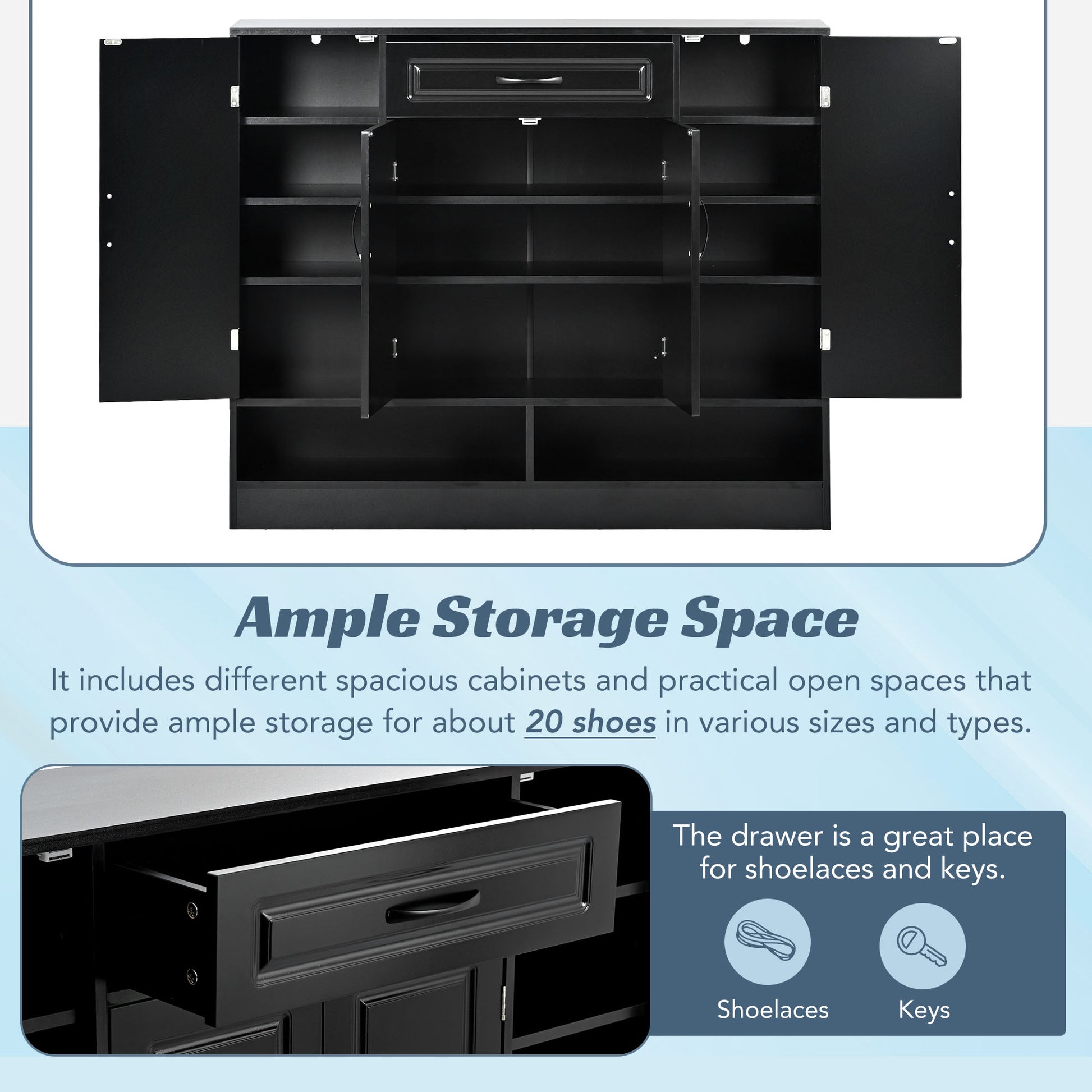 Sleek And Modern Shoe Cabinet With Adjustable Shelves, Minimalist Shoe Storage Organizer With Sturdy Top Surface, Space Saving Design Side Board For Various Sizes Of Items, Black Square 3 4 Spaces