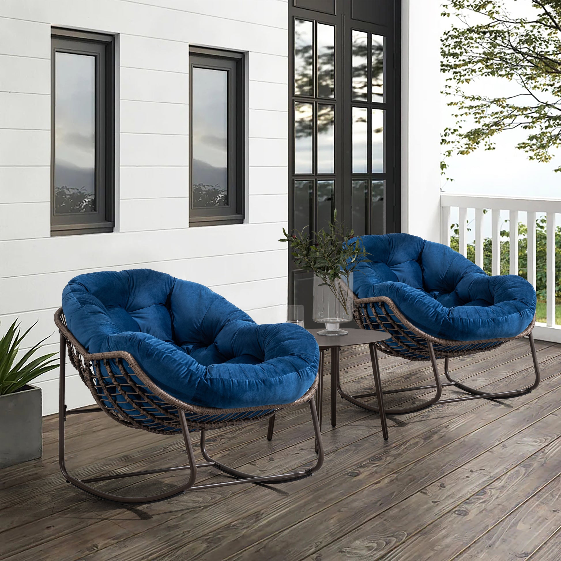 Outdoor Rattan Rocking Chair,Padded Cushion Rocker Recliner Chair Outdoor For Front Porch, Living Room, Patio, Garden, Navy Blue Navy Blue Cotton Steel