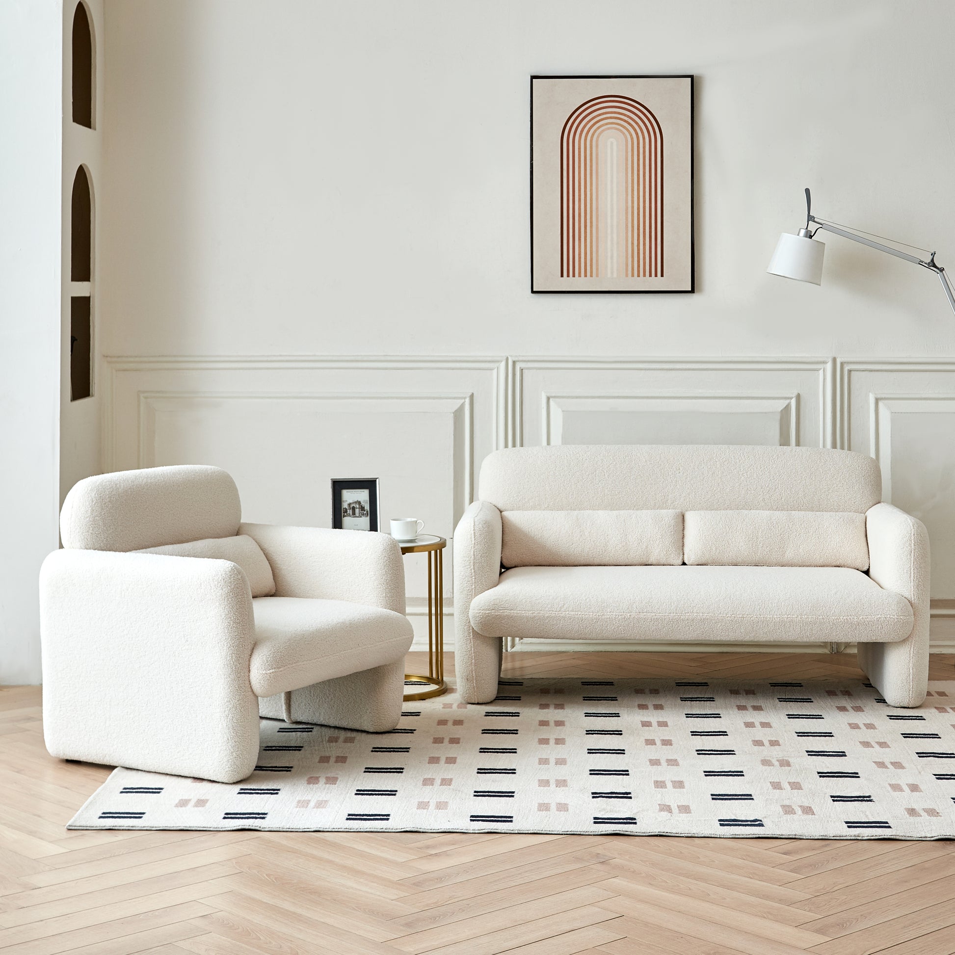 34"Lamb Fleece Fabric Sofa, Modern Single Sofa With Support Pillow For Apartment, Office, Living Room & Bedroom, Tool Free Assembly. Beige Beige Foam Sherpa