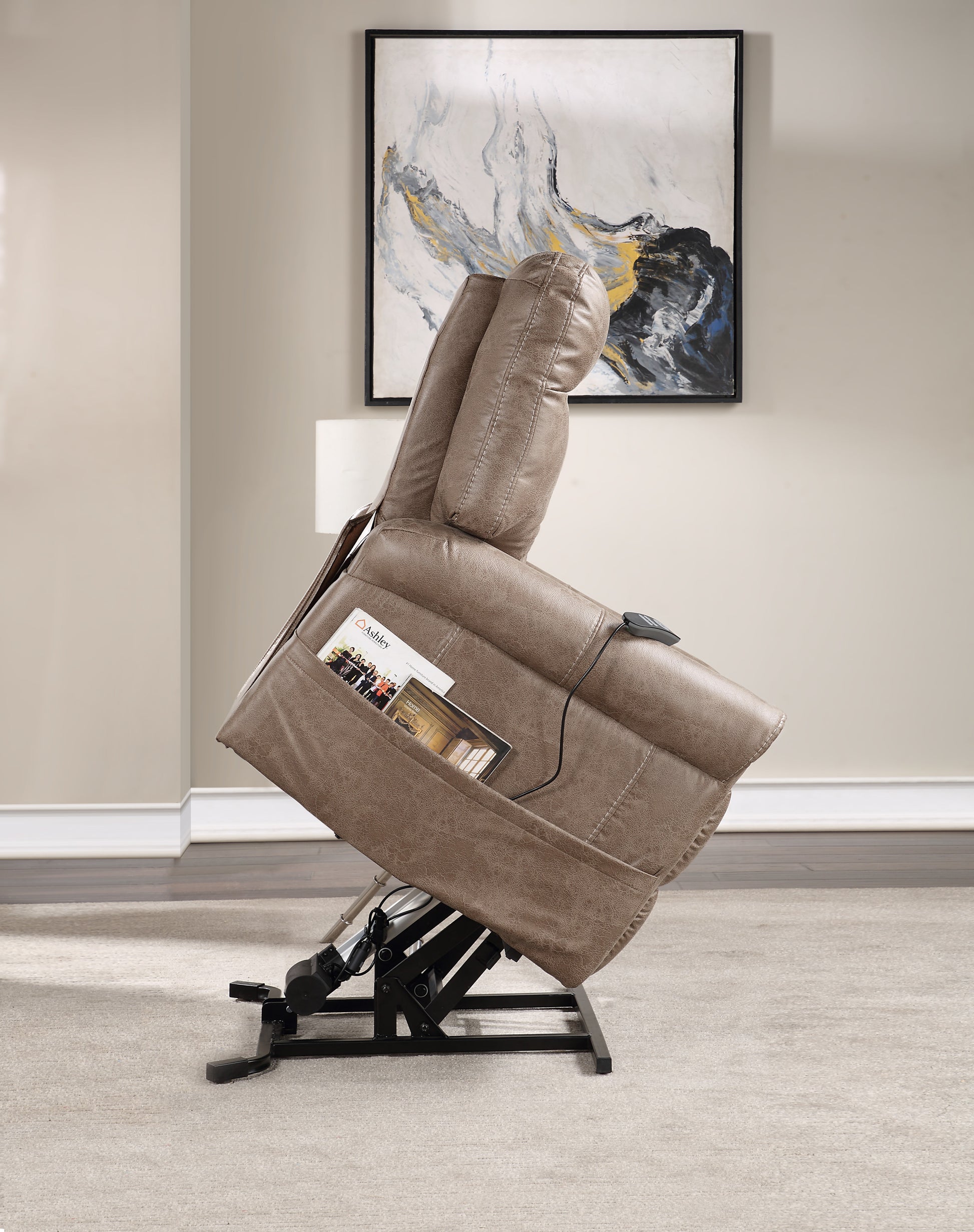 Classic Rolled Arm Power Lift Chair Recliner Heat, Adjustable Massage Plush Seating, High Grade Polyester Fabric Camel Foam Fabric