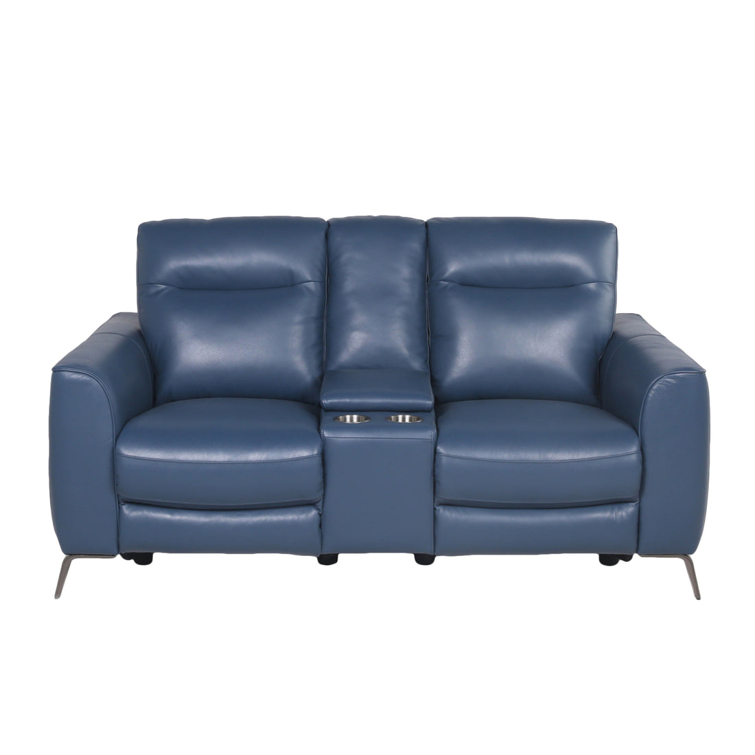 High Leg Console Loveseat Top Grain Leather, Dual Power, Ocean Blue Color Stowaway Footrest, Flaired Chrome Leg, Motion Furniture Look Dark Blue Foam Leather