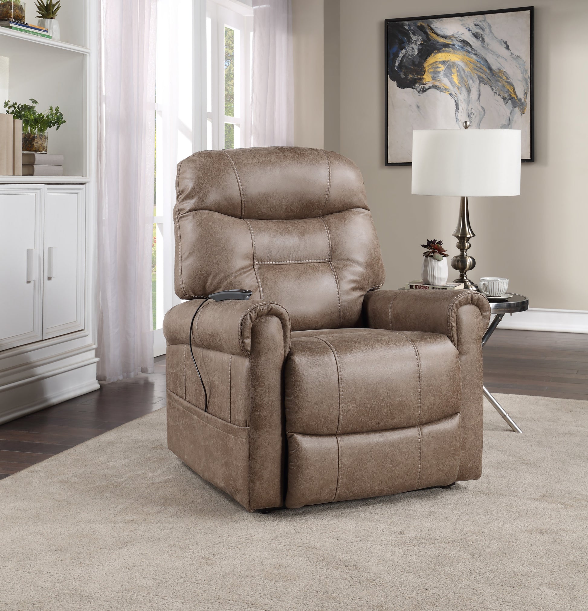 Classic Rolled Arm Power Lift Chair Recliner Heat, Adjustable Massage Plush Seating, High Grade Polyester Fabric Camel Foam Fabric