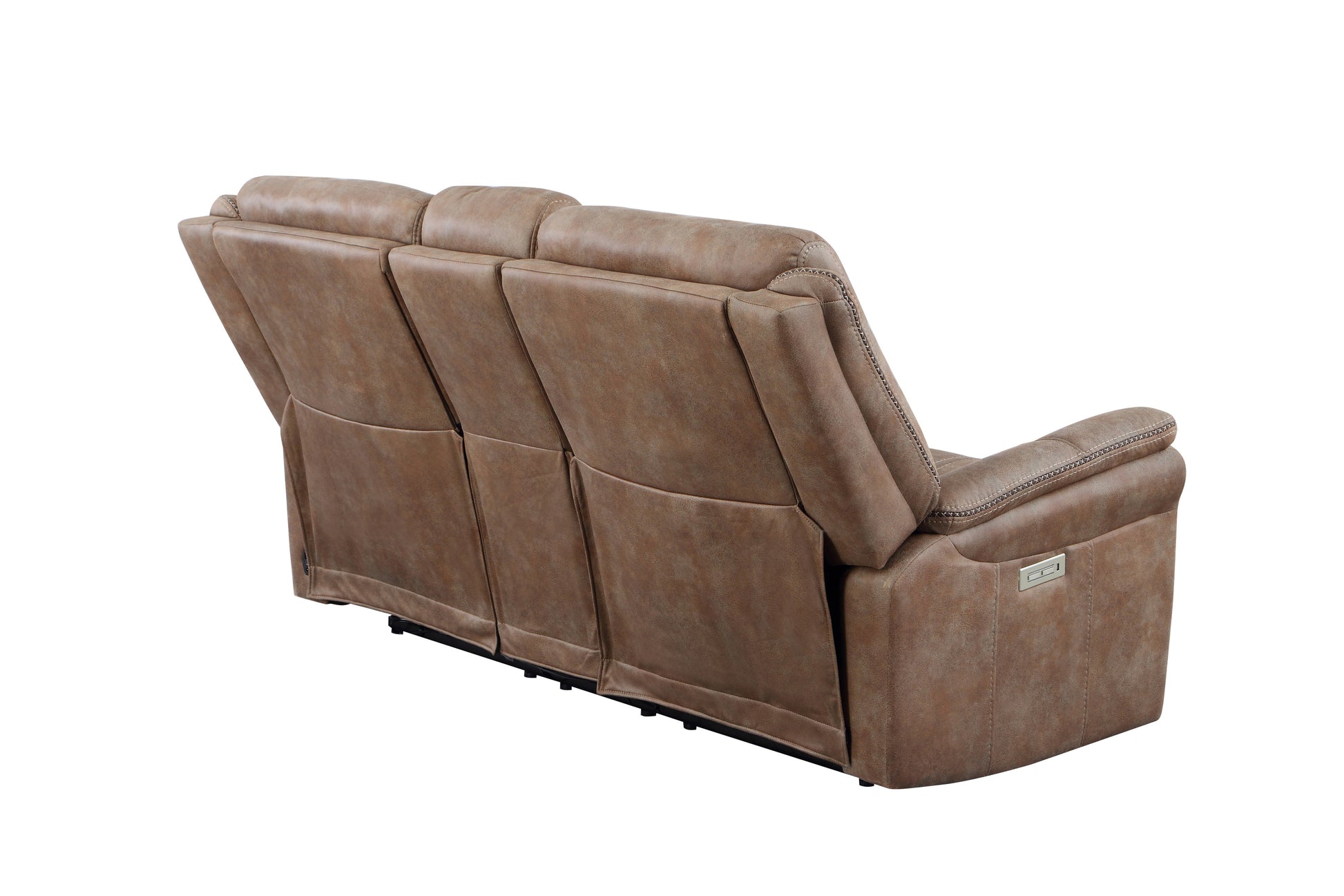Transitional Console Loveseat Warm Camel Faux Suede, Power Footrest, Power Headrest Concealed Cupholders, Built In Console Camel Foam Fabric