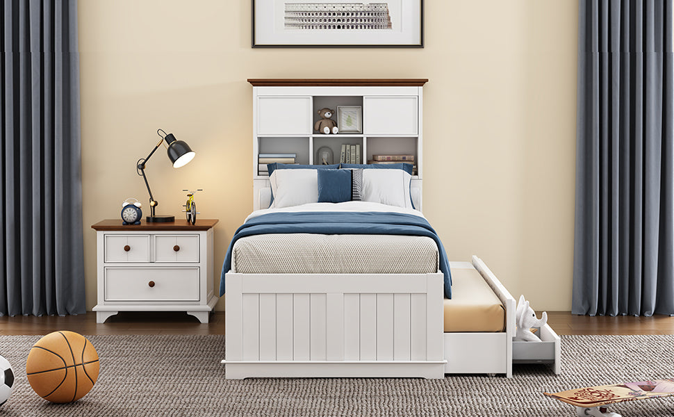 2 Pieces Wooden Captain Bedroom Set Twin Bed With Trundle And Nightstand,White Walnut White Walnut Wood