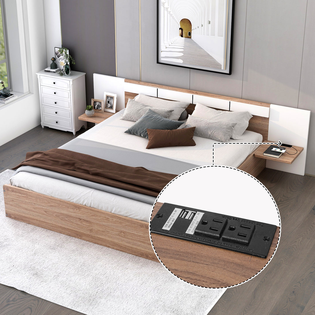 Queen Size Platform Bed With Headboard, Drawers, Shelves, Usb Ports And Sockets, Natural Natural Wood