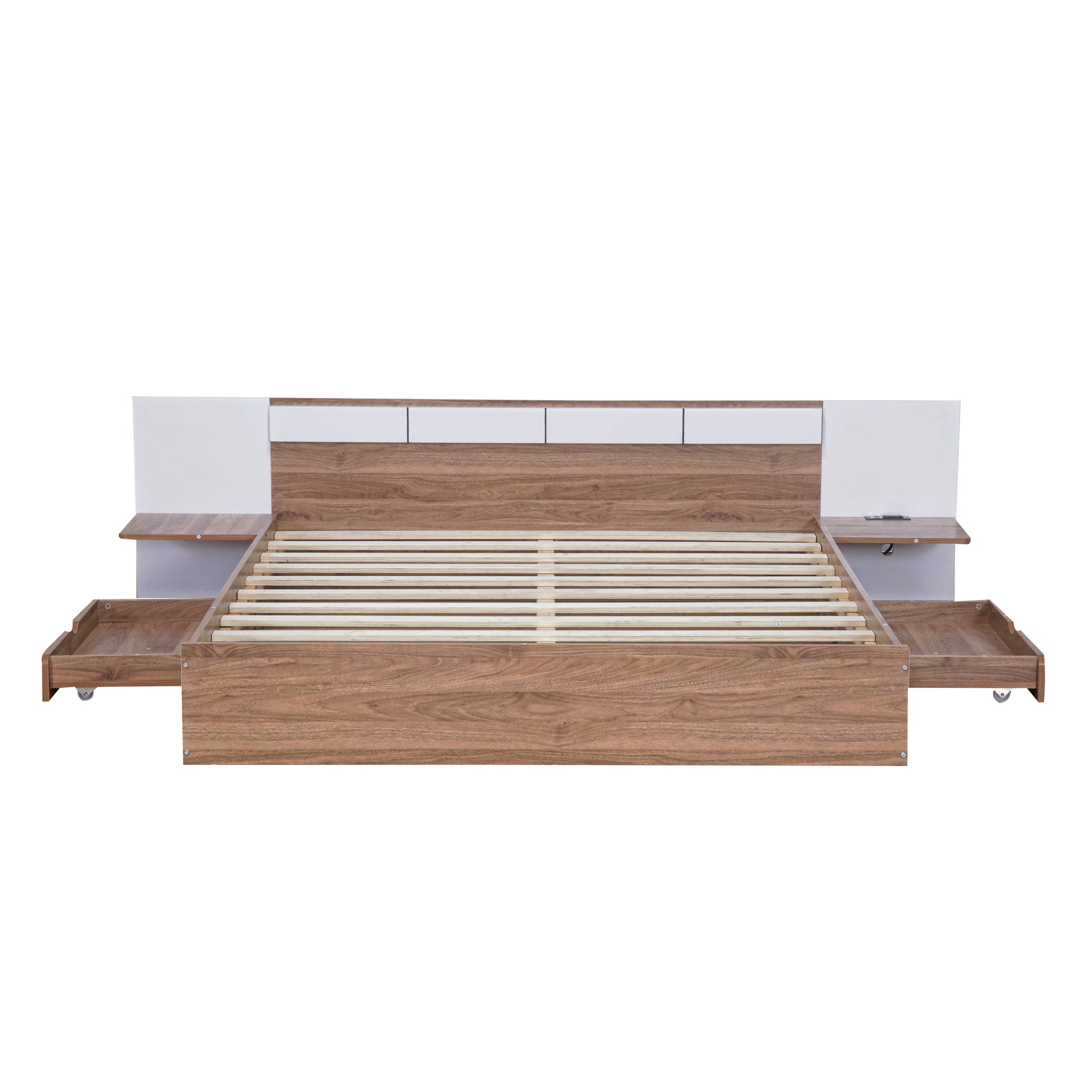 Queen Size Platform Bed With Headboard, Drawers, Shelves, Usb Ports And Sockets, Natural Natural Wood