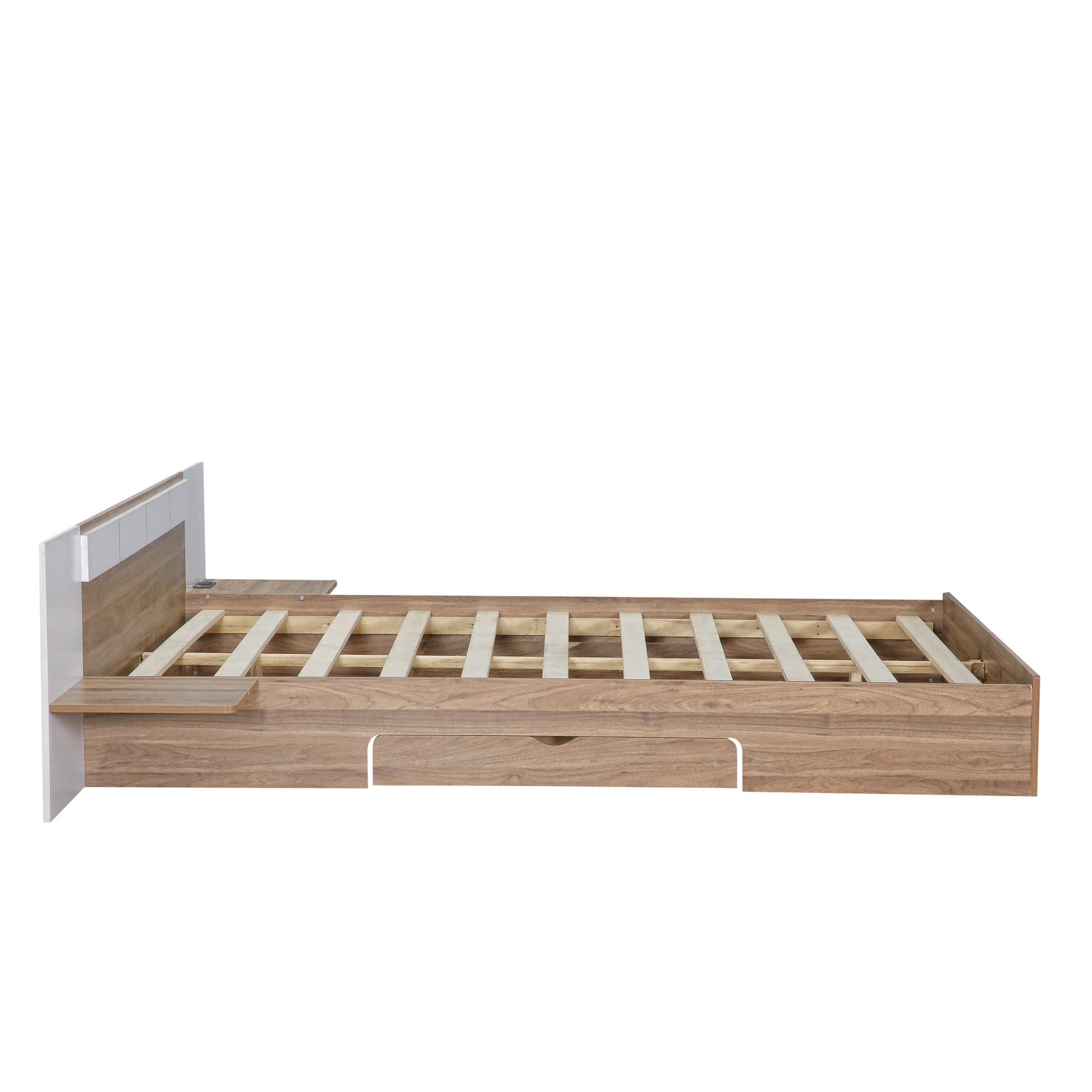 Queen Size Platform Bed With Headboard, Drawers, Shelves, Usb Ports And Sockets, Natural Natural Wood