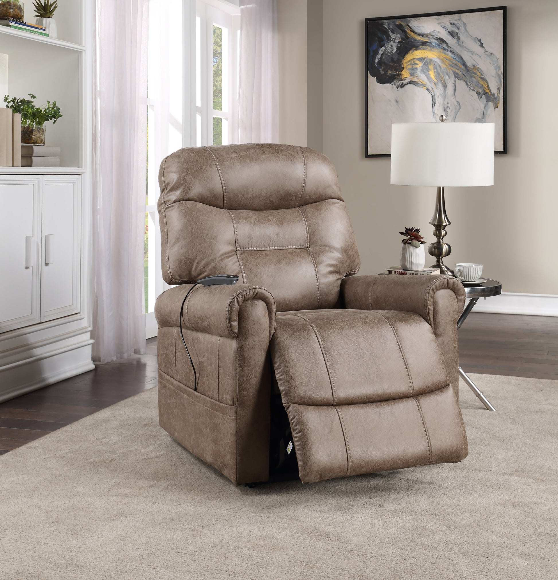 Classic Rolled Arm Power Lift Chair Recliner Heat, Adjustable Massage Plush Seating, High Grade Polyester Fabric Camel Foam Fabric