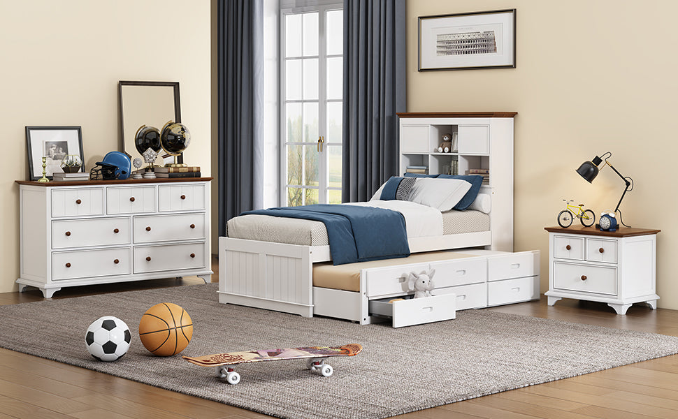 3 Pieces Wooden Captain Bedroom Set Twin Bed With Trundle, Nightstand And Dresser, White Walnut White Walnut Wood