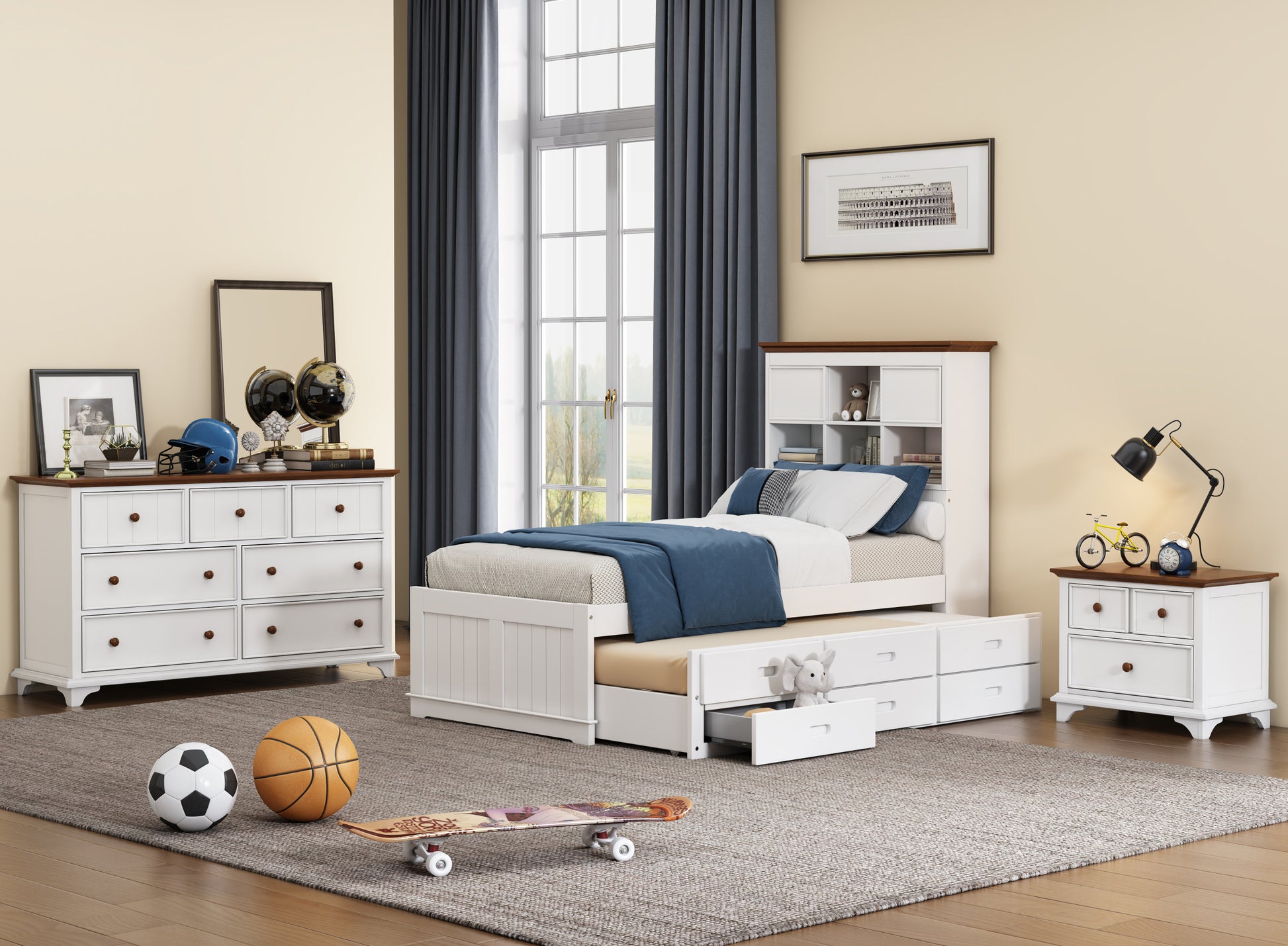 3 Pieces Wooden Captain Bedroom Set Twin Bed With Trundle, Nightstand And Dresser, White Walnut White Walnut Wood