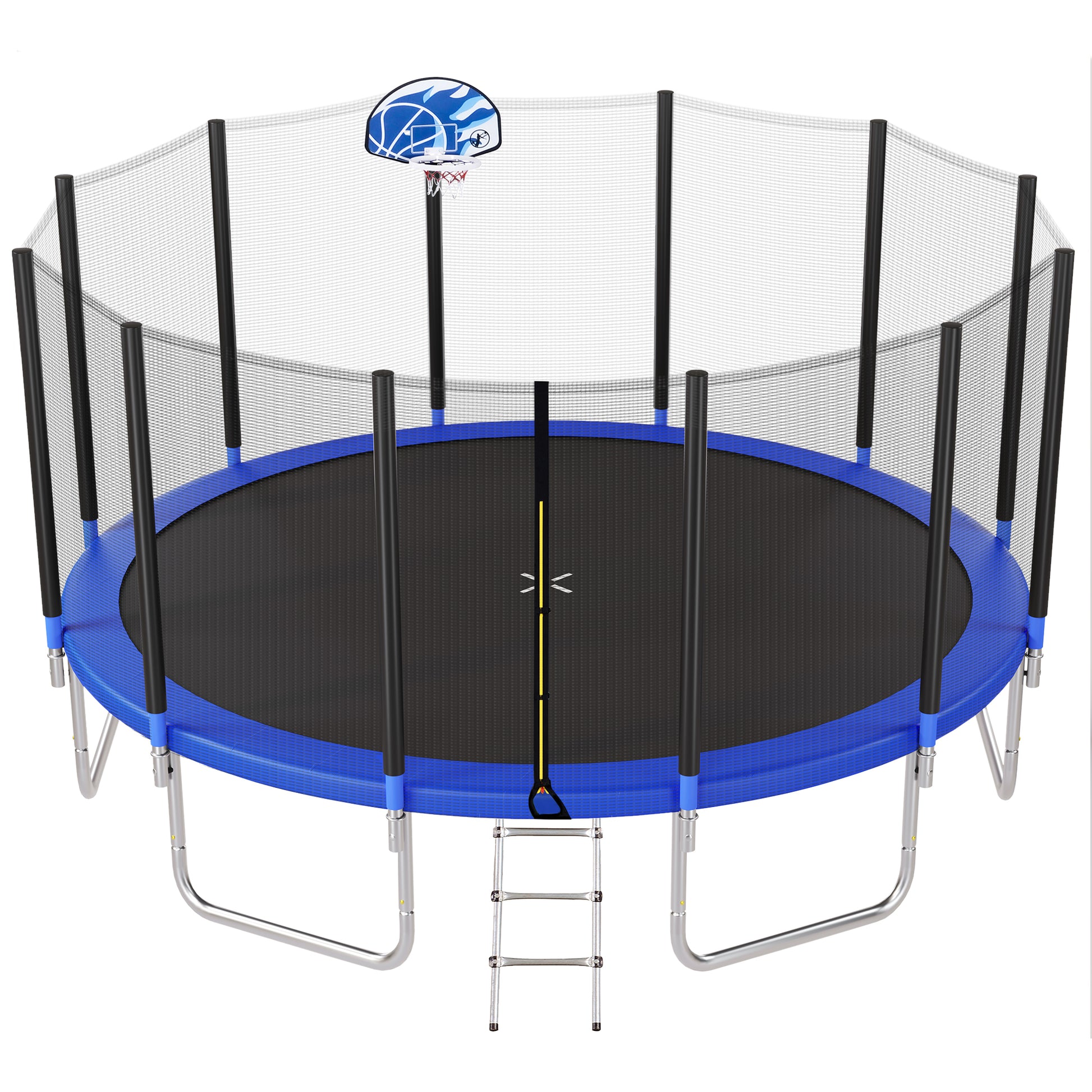 16Ft Trampoline For Kids With Safety Enclosure Net, Basketball Hoop And Ladder, Easy Assembly Round Outdoor Recreational Trampoline Blue Metal