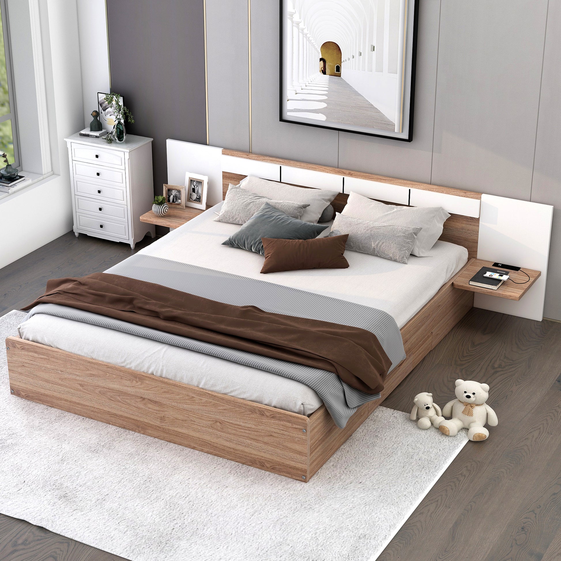 Queen Size Platform Bed With Headboard, Drawers, Shelves, Usb Ports And Sockets, Natural Natural Wood