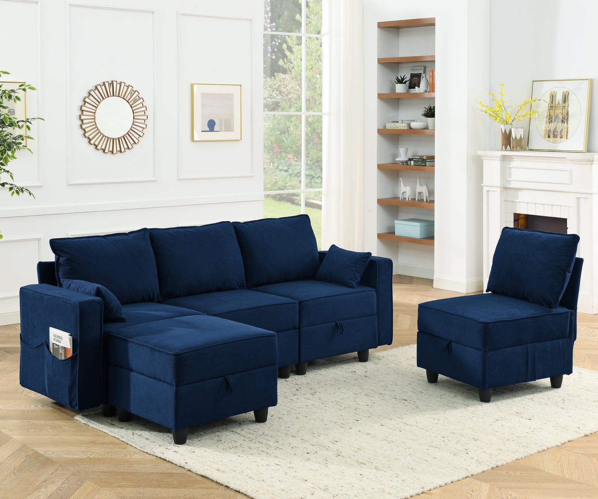 Arm Single Seat Of Module Sofa, Navy Blue Corduroy Velvet, Spring Pack Cushions Dark Gray Corduroy