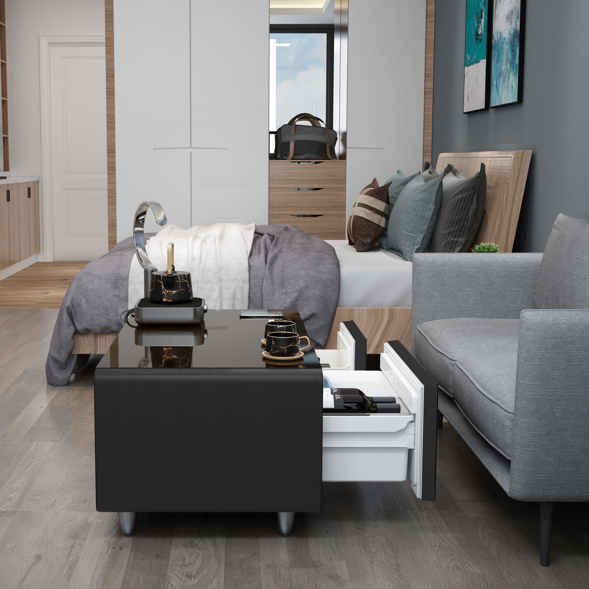 Modern Smart Coffee Table With Built In Fridge, Wireless Charging, Power Socket, Usb Interface, Outlet Protection, Mechanical Temperature Control And Ice Water Interface, Black Black Primary Living Space Luxury,Modern Rectangular Coffee & End Tables Abs