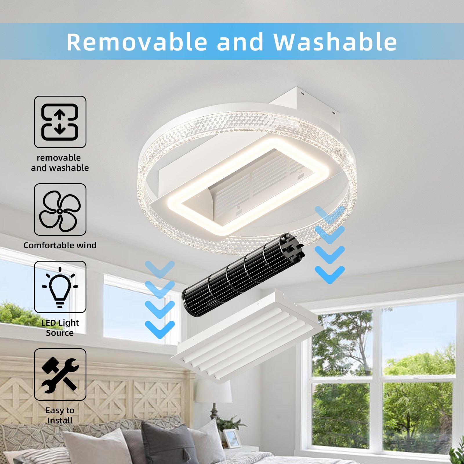 20Inch Modern Leafless Ceiling Fan With Remote Control Removable And Washable, Reversible Motor White Modern Iron