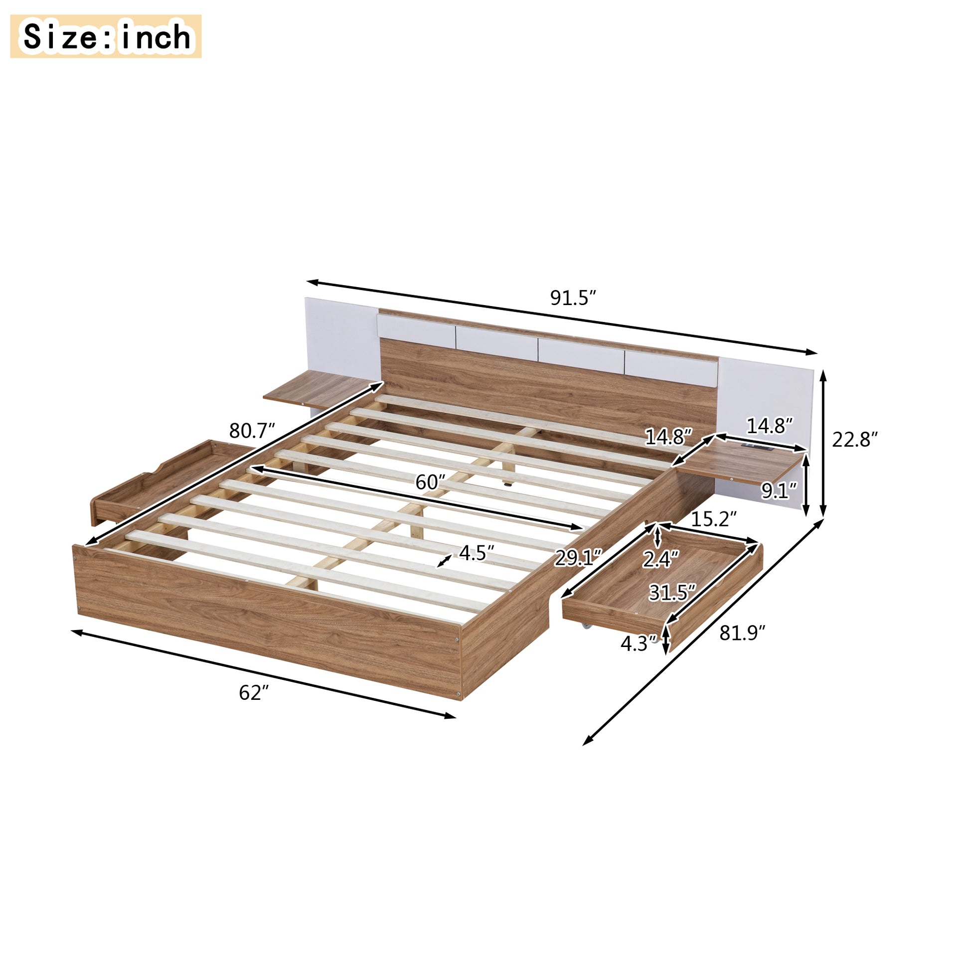 Queen Size Platform Bed With Headboard, Drawers, Shelves, Usb Ports And Sockets, Natural Natural Wood